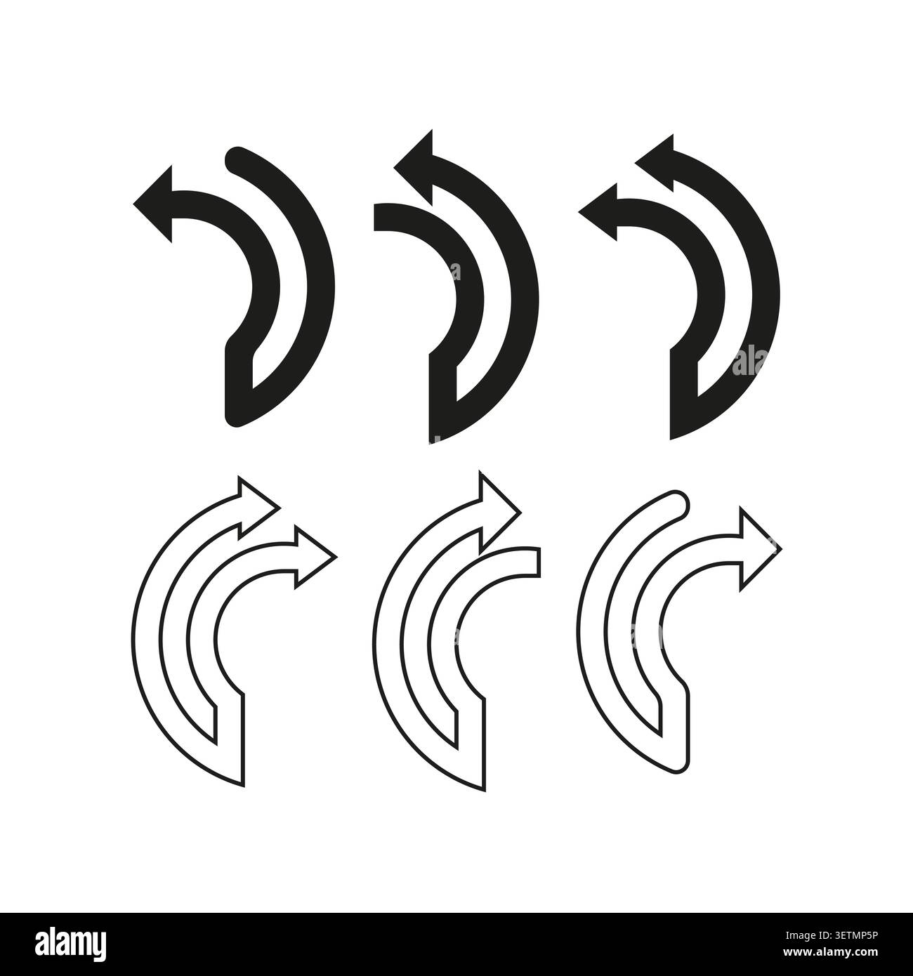 Geometric arrow forms pack features black vector curved pointer shapes. Minimal collection visualizes motion. eps 10 Stock Vector