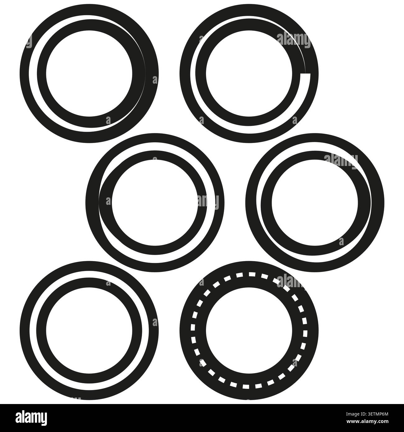 Geometric circle ring forms pack features black vector bold thick frames. Minimal set visualizes modern structure design. eps 10 Stock Vector