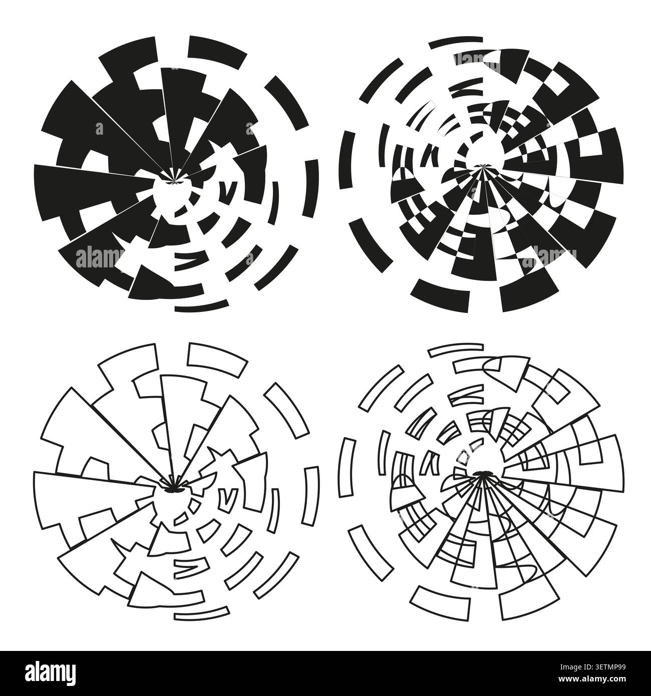 Geometric circular forms pack features black vector segmented wheel shapes. Minimal collection visualizes abstract art. eps 10 Stock Vector