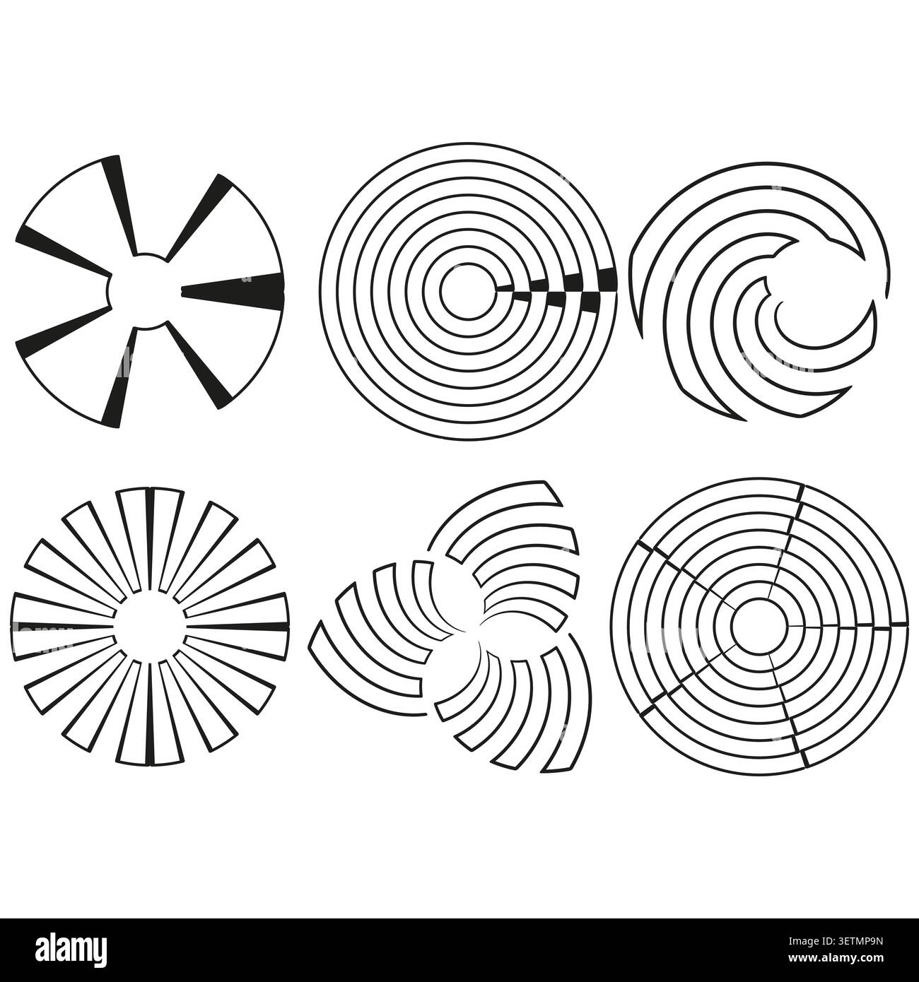 Abstract circular forms pack features black vector segmented radial shapes. Minimal collection visualizes geometric art. eps 10 Stock Vector