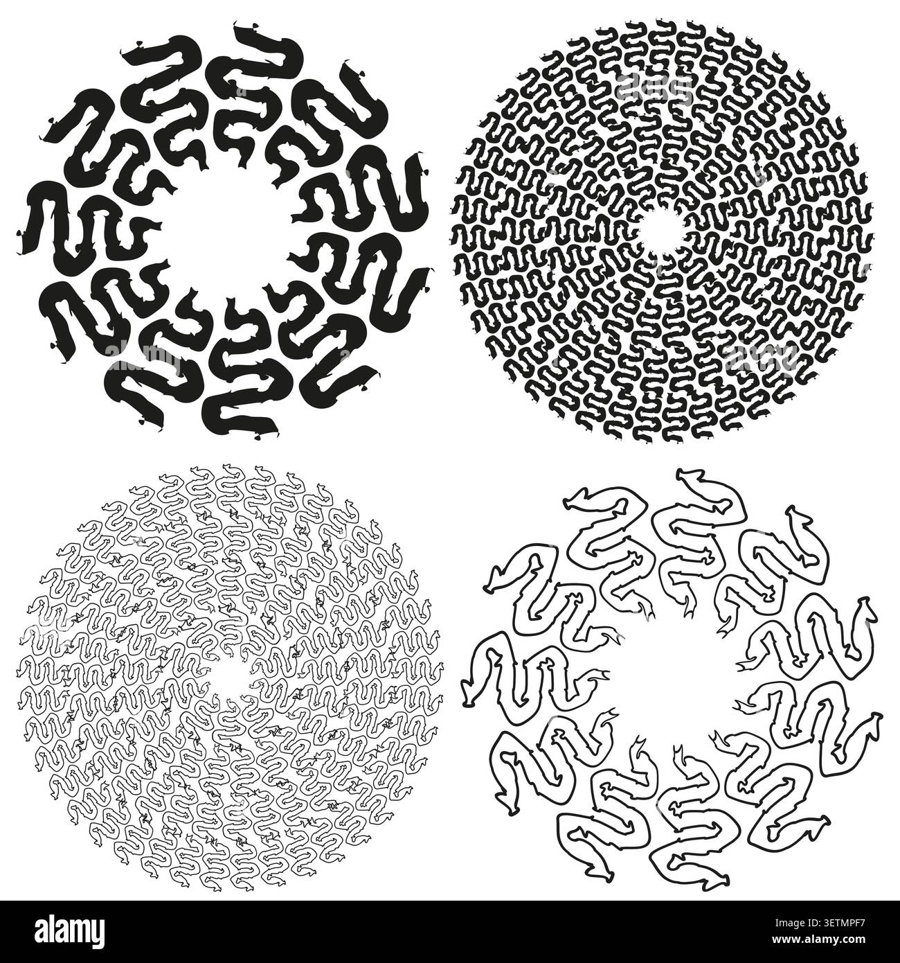 Circular maze forms pack features black vector dense spirals. Minimal tech collection highlights complex patterns. eps 10 Stock Vector
