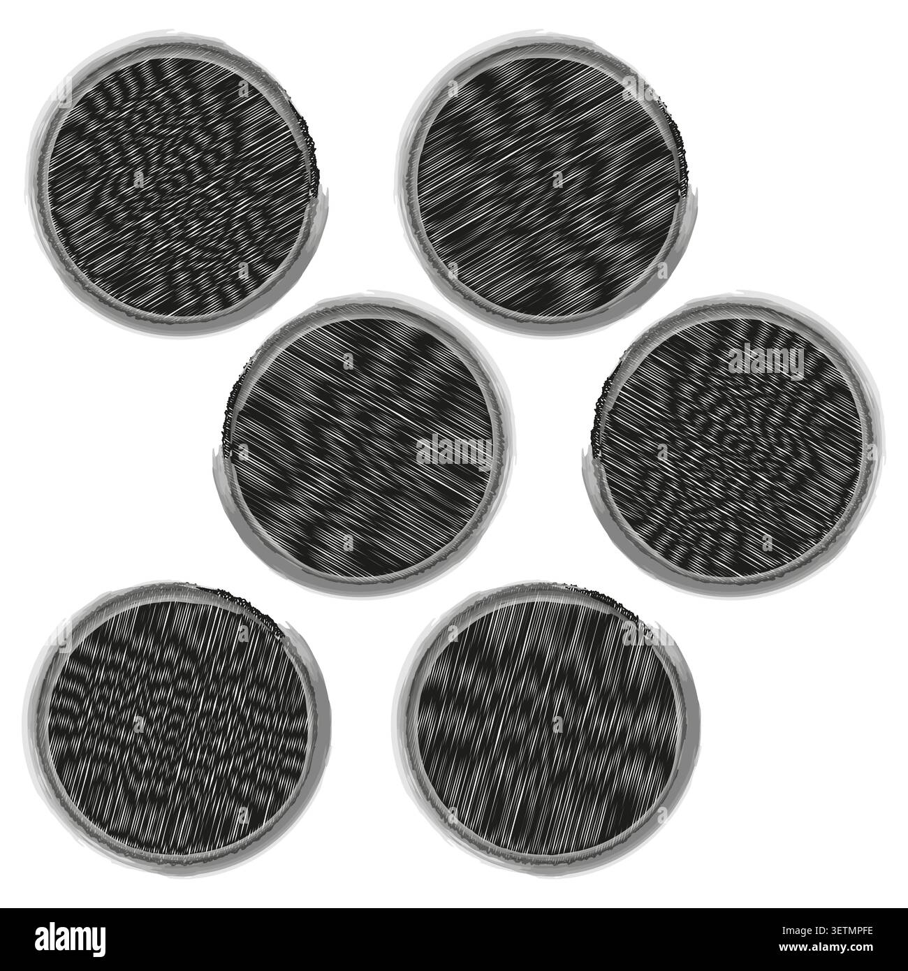 Abstract circular forms pack features grey vector grunge fingerprint shapes. Minimal collection visualizes texture. eps 10 Stock Vector
