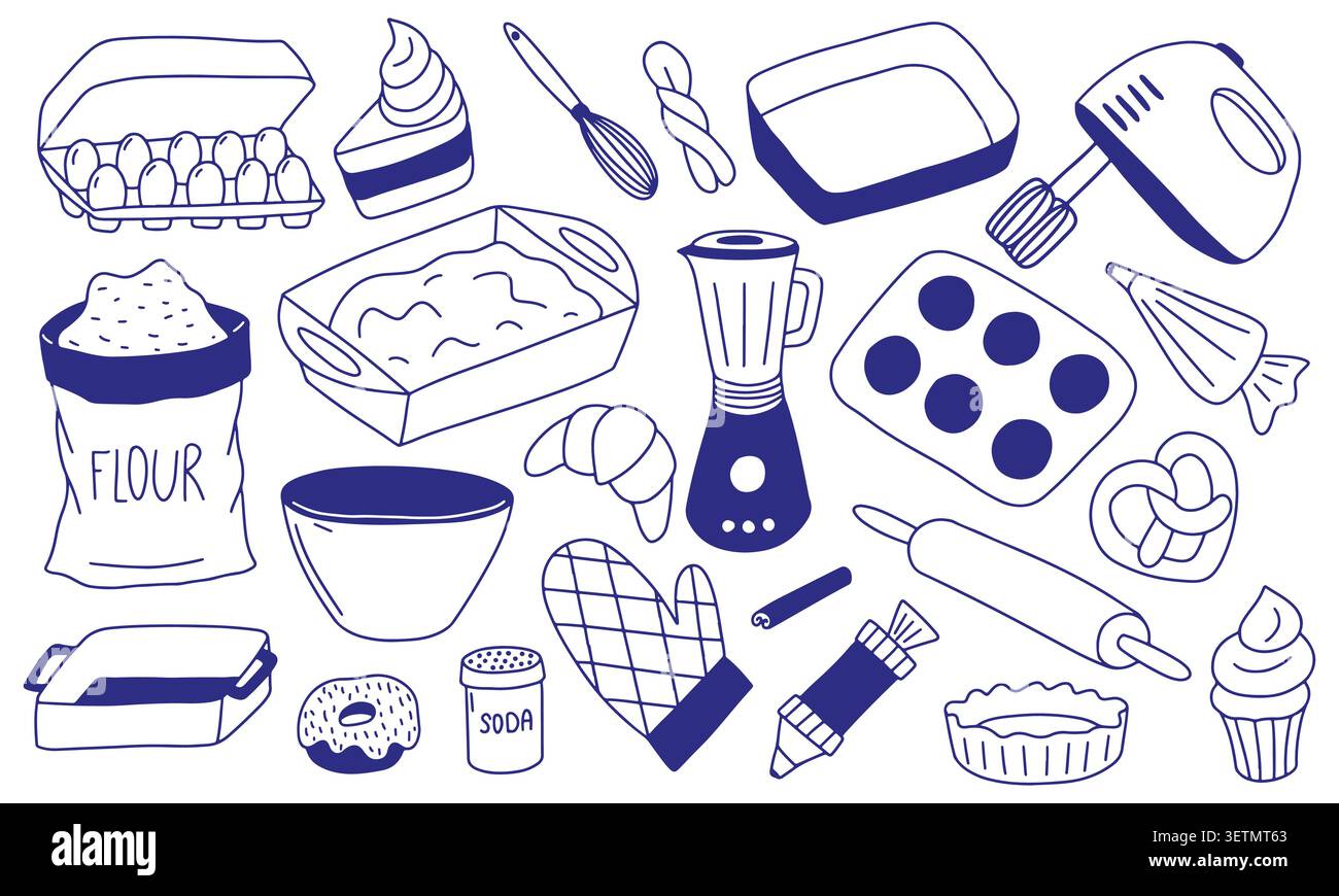 Baking Ingredients and Utensils Doodle Vector Set Stock Vector