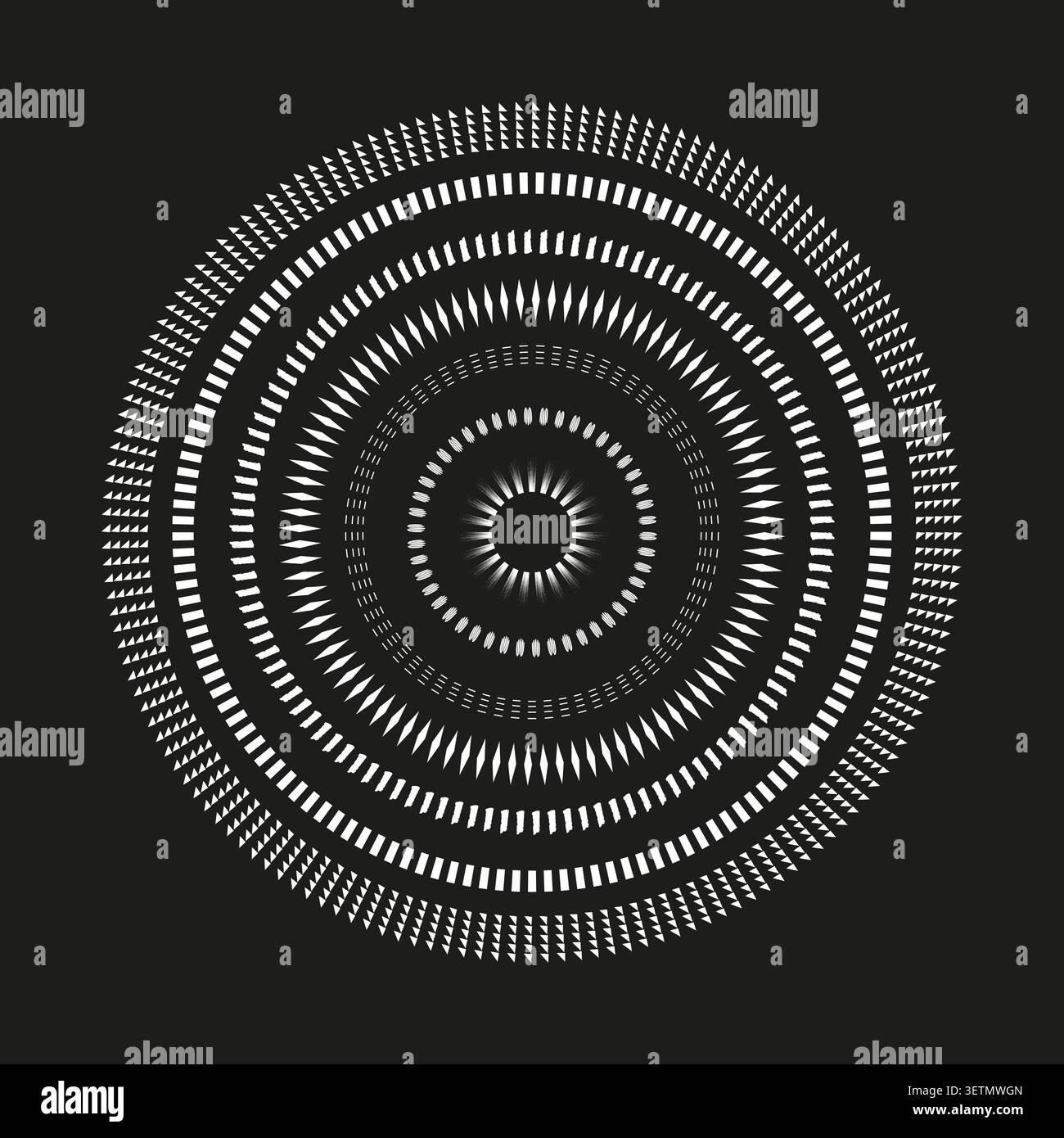 Monochrome radial pattern with geometric shapes vector. Graphic supports technology UIs and data visualization projects. EPS 10. Stock Vector
