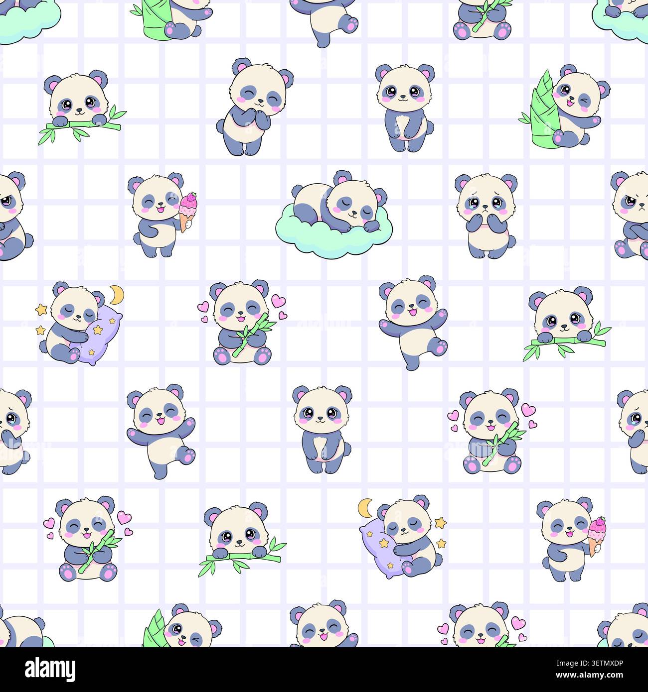 Cute little pandas seamless pattern on purple grid background Stock Vector