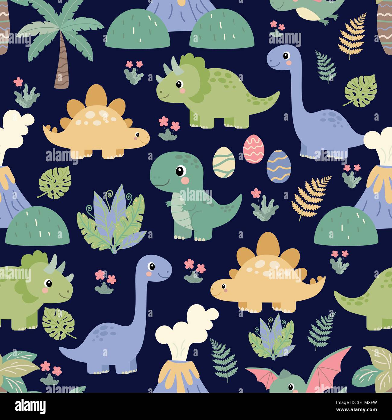 Cute dinosaurs seamless pattern on dark blue background Stock Vector
