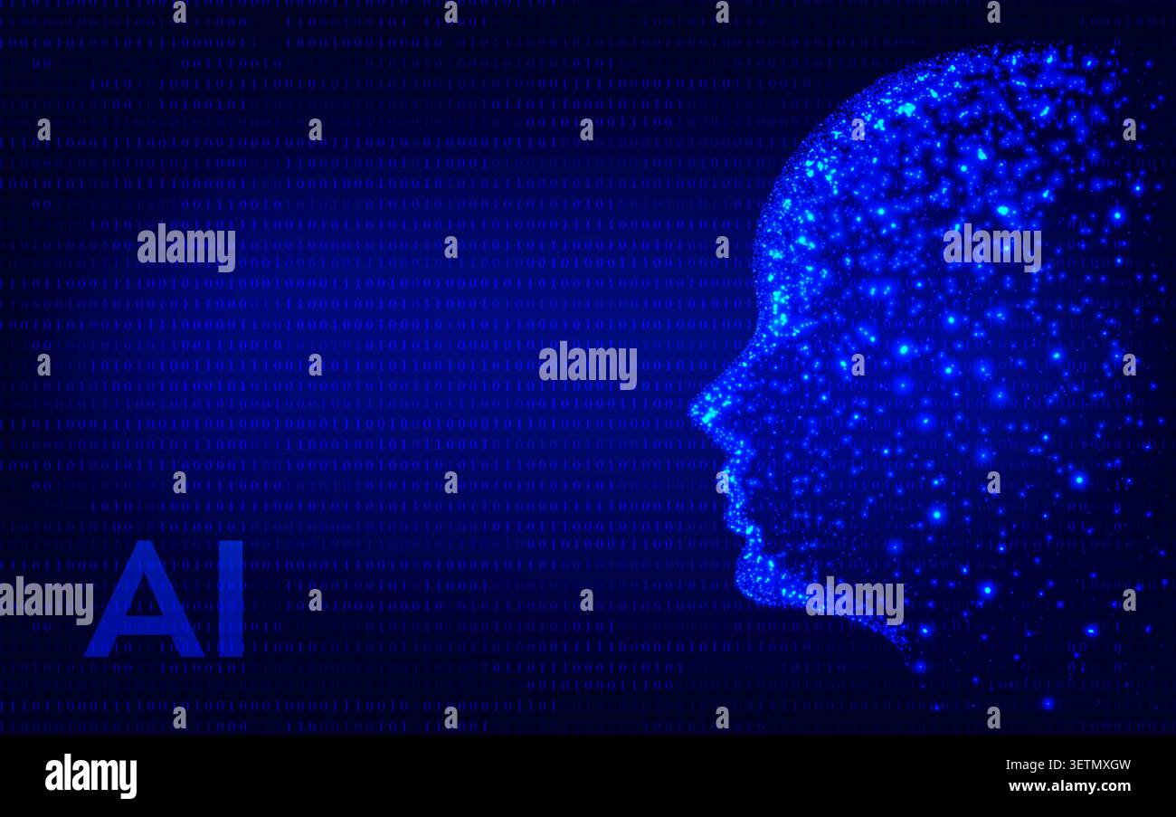 Artificial intelligence with a human face in neon light. Innovative machine learning technology. A futuristic concept of the brain using binary data. Stock Vector