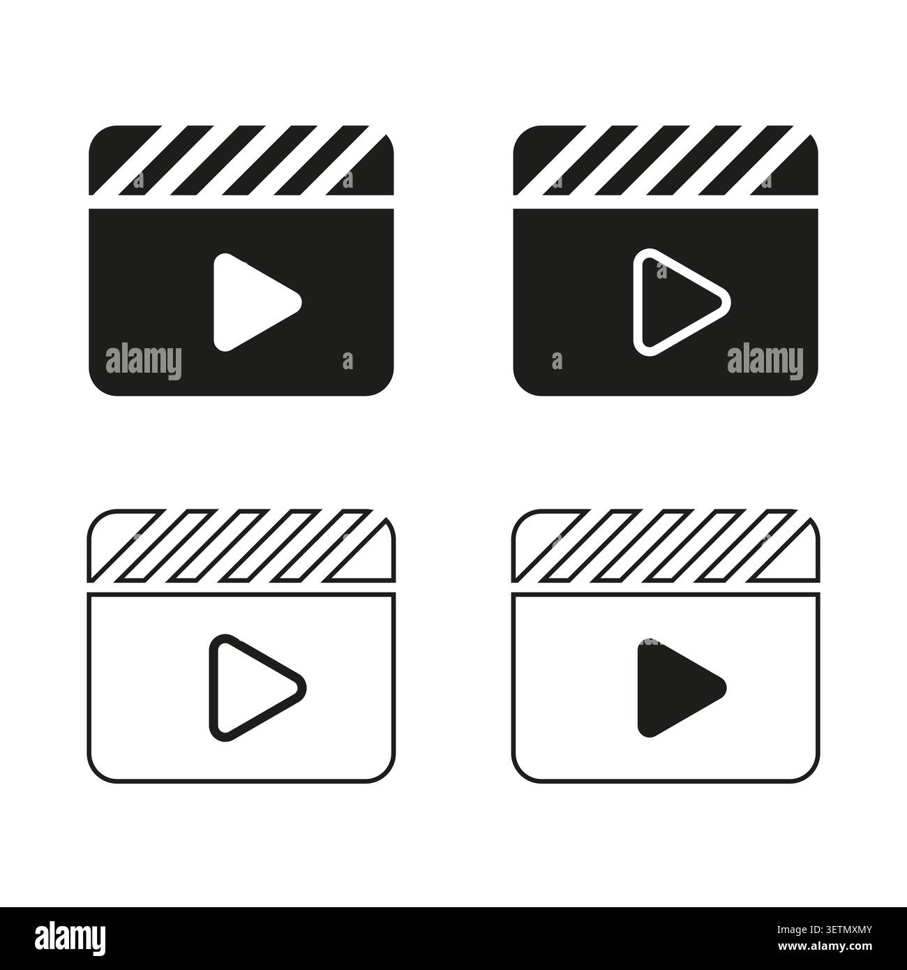 Video clapperboard icon set with play button symbol vector. Graphic supports multimedia app UI and web interface development. EPS 10. Stock Vector
