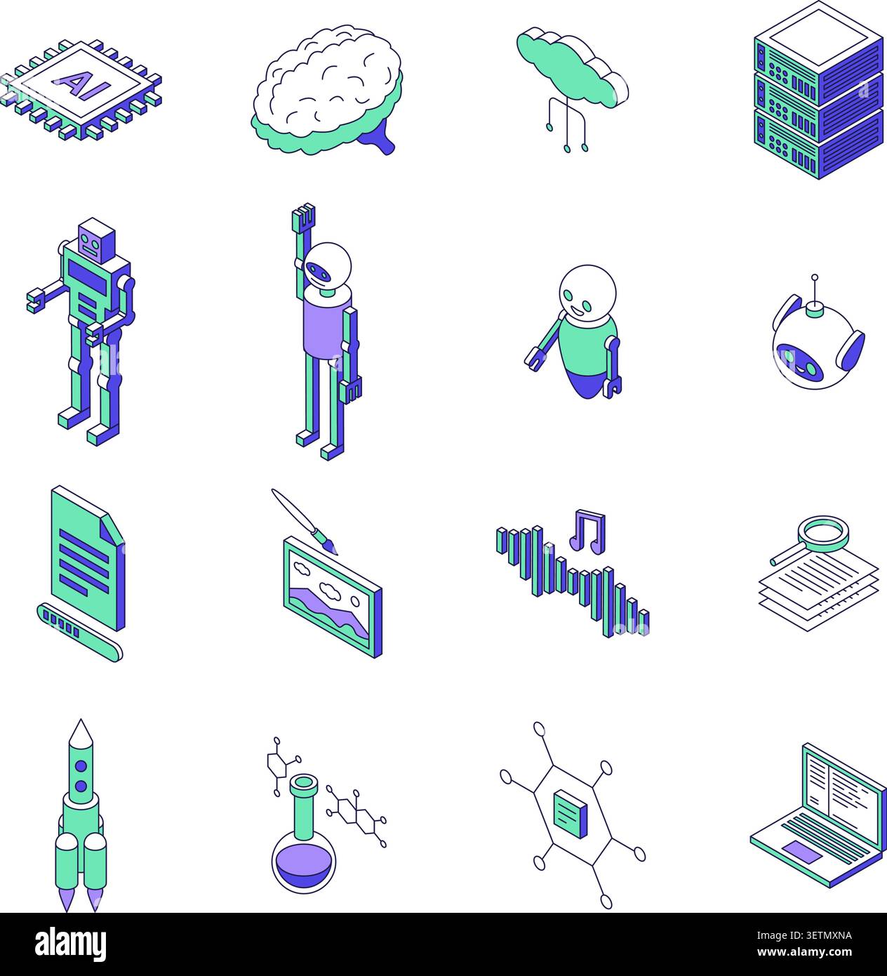 Isometric line artificial intelligence. Androids, cards, cloud servers. Development ai technologies, tools and equipment, computer systems, nifty Stock Vector