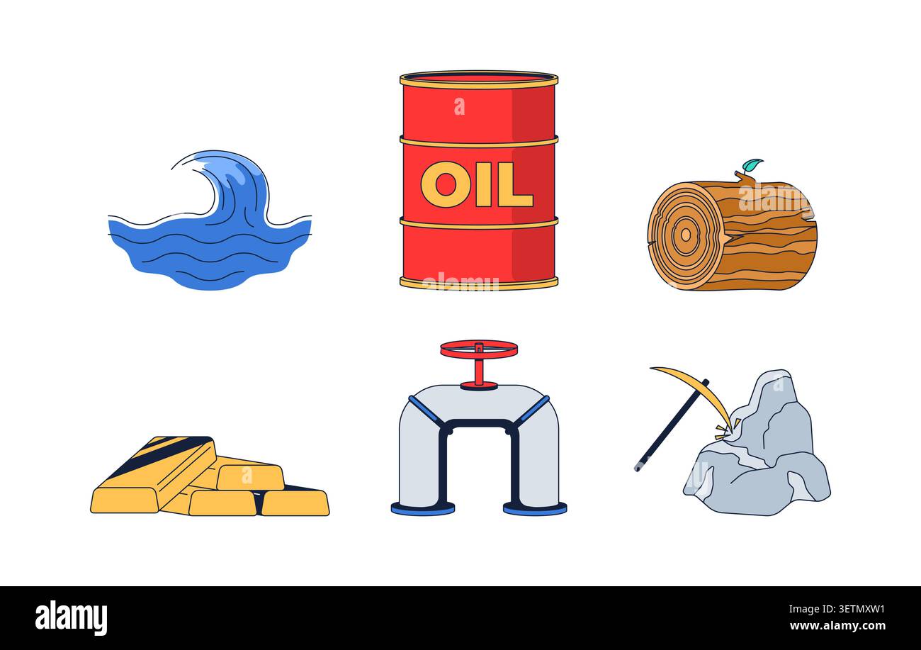 Natural resources and extraction industry 2D cartoon objects set Stock Vector