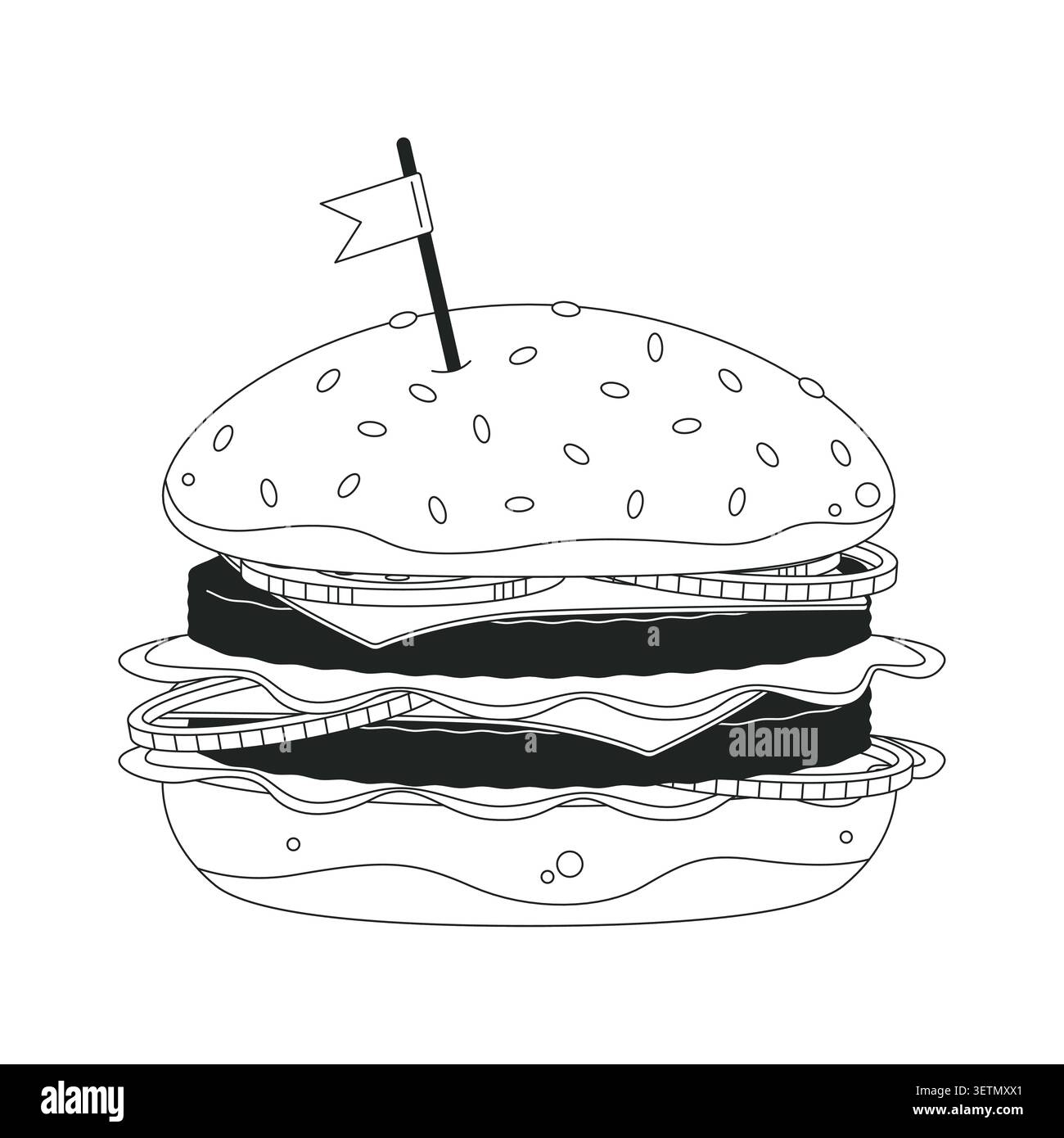 Double cheeseburger topped with small flag 2D line object Stock Vector