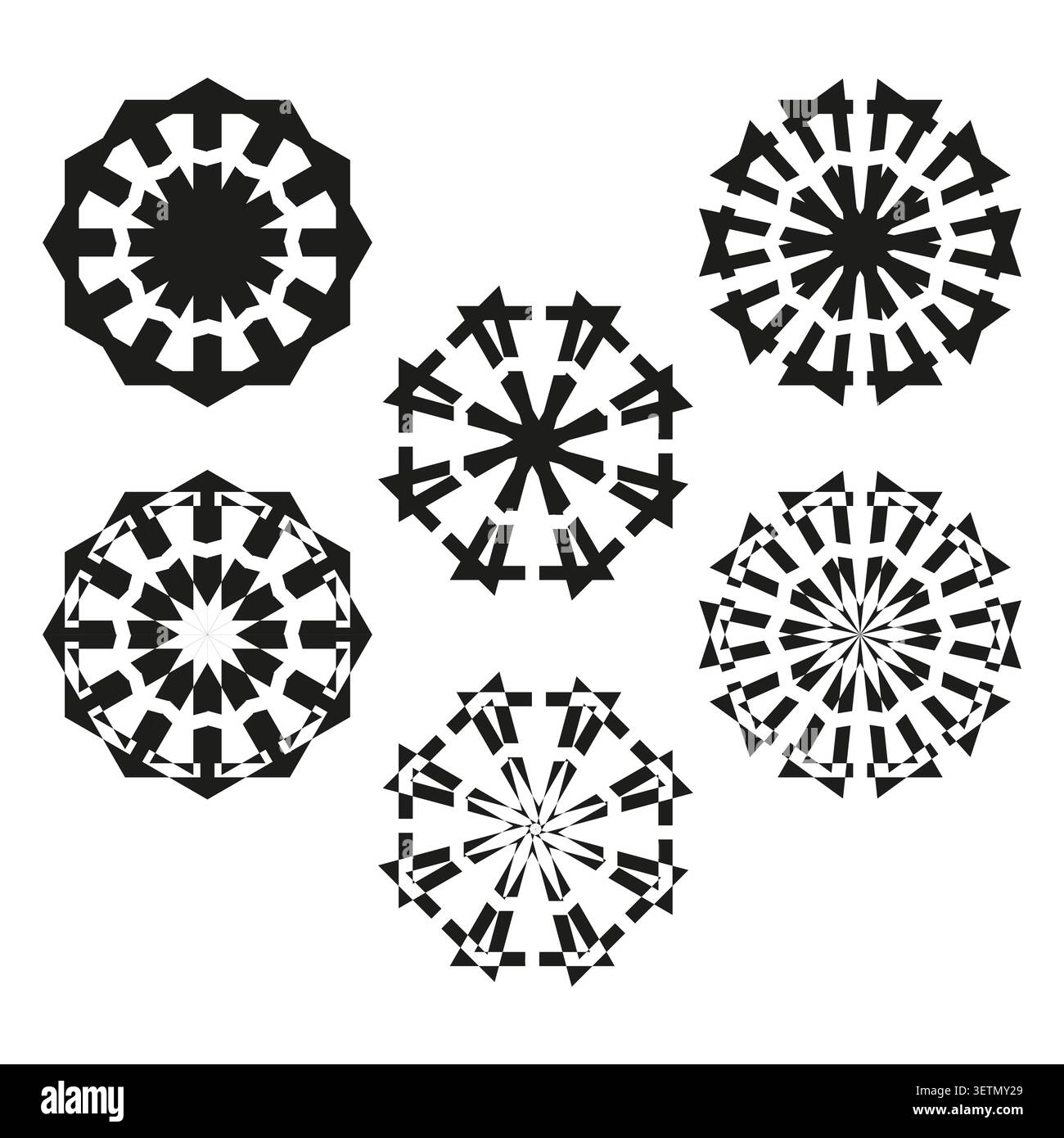 Abstract snowflake forms pack features black vector geometric star shapes. Minimal collection visualizes winter art. eps 10 Stock Vector