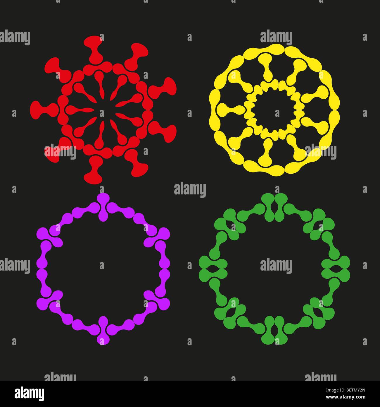 Abstract circular forms pack features colorful vector connected ring shapes. Vibrant collection visualizes mandala. eps 10 Stock Vector