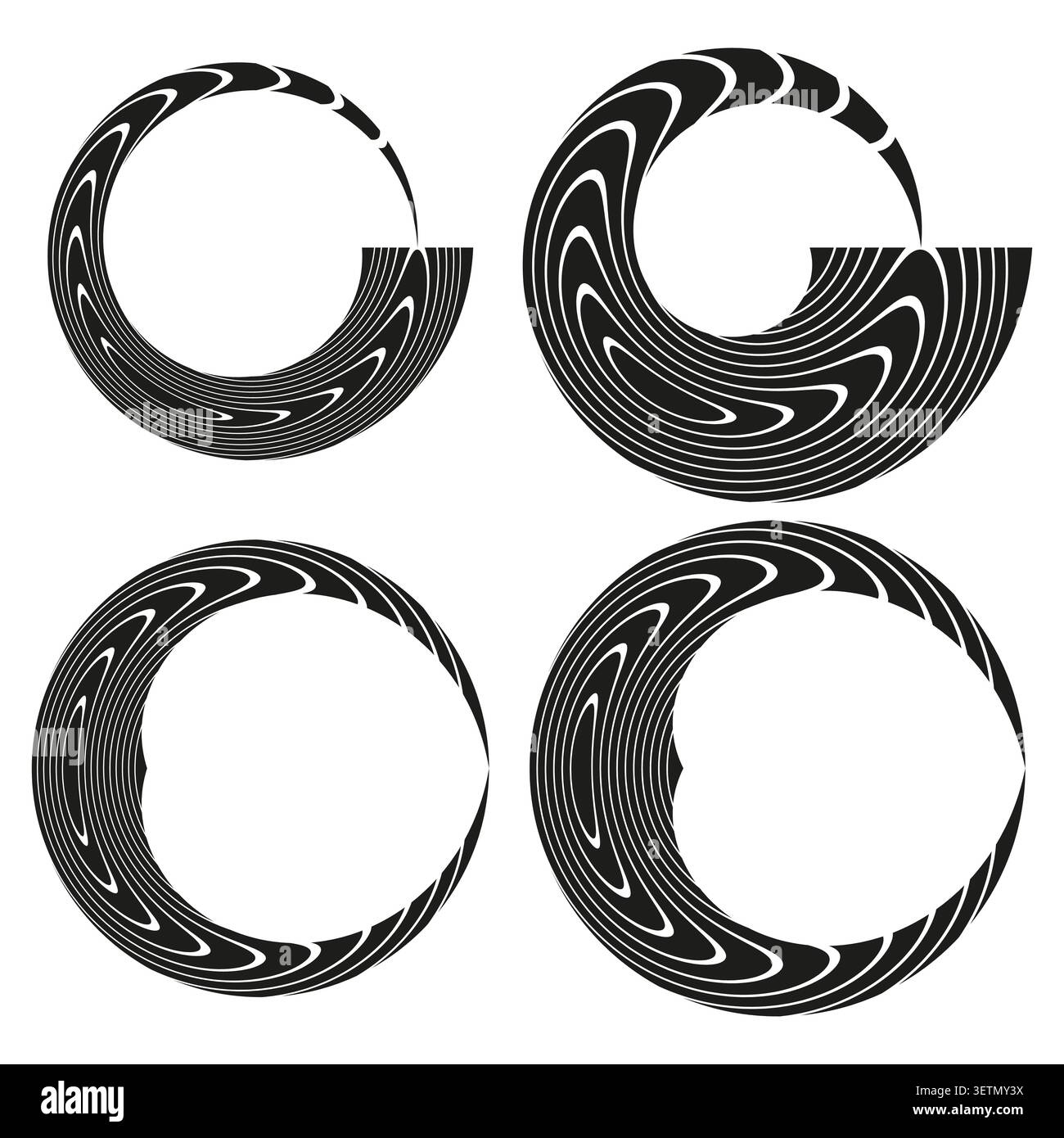 Abstract crescent forms pack features black vector striped ring shapes. Minimal collection visualizes geometric illusion. eps 10 Stock Vector