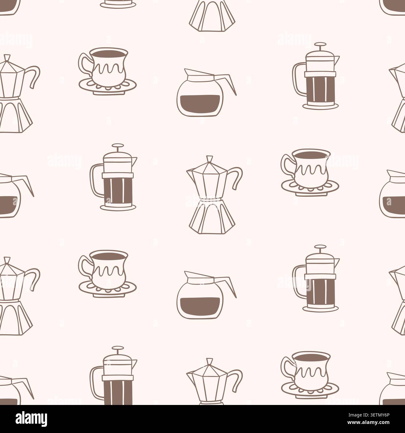 Retro coffee seamless pattern with cups, moka pots Stock Vector