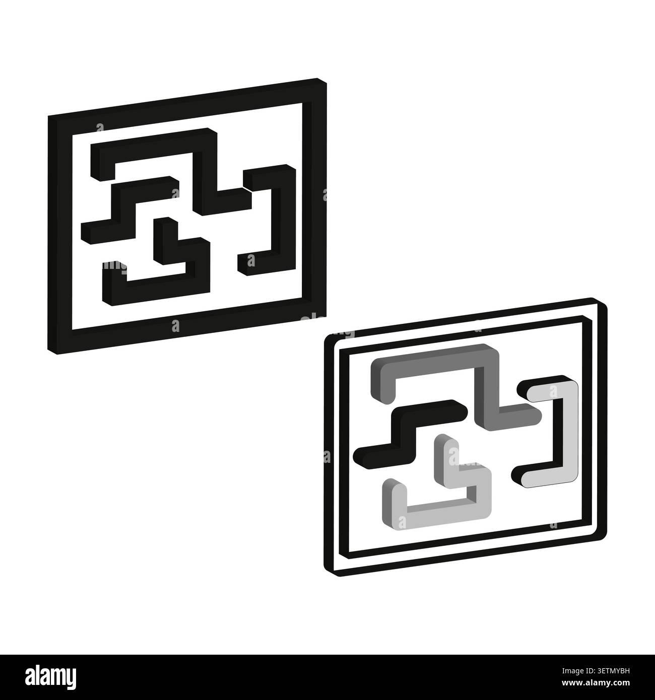 Geometric maze forms pack features black vector 3d labyrinth shapes. Minimal collection visualizes abstract puzzle. eps 10 Stock Vector