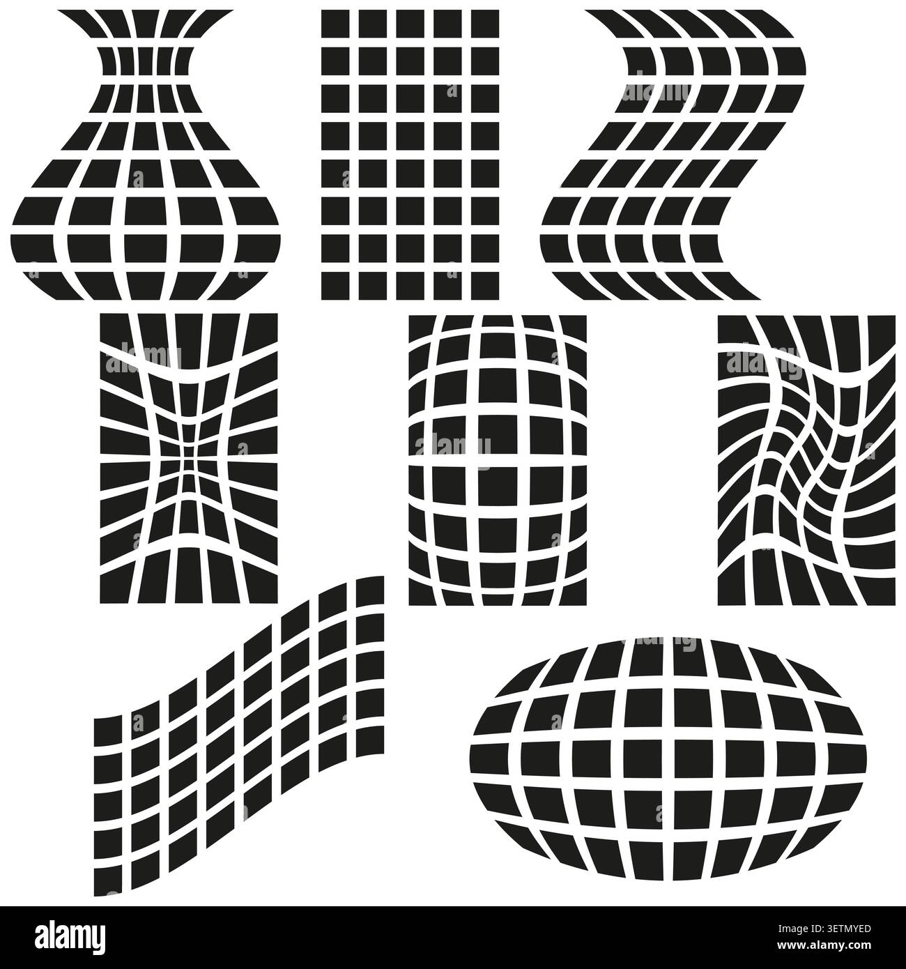 Abstract optical illusion forms pack features black vector distorted grid shapes. Minimal collection visualizes warp. eps 10 Stock Vector