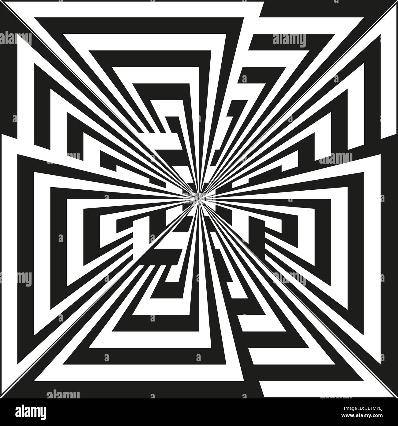 Geometric maze forms pack features black vector perspective labyrinth shapes. Minimal collection visualizes tunnel. eps 10 Stock Vector