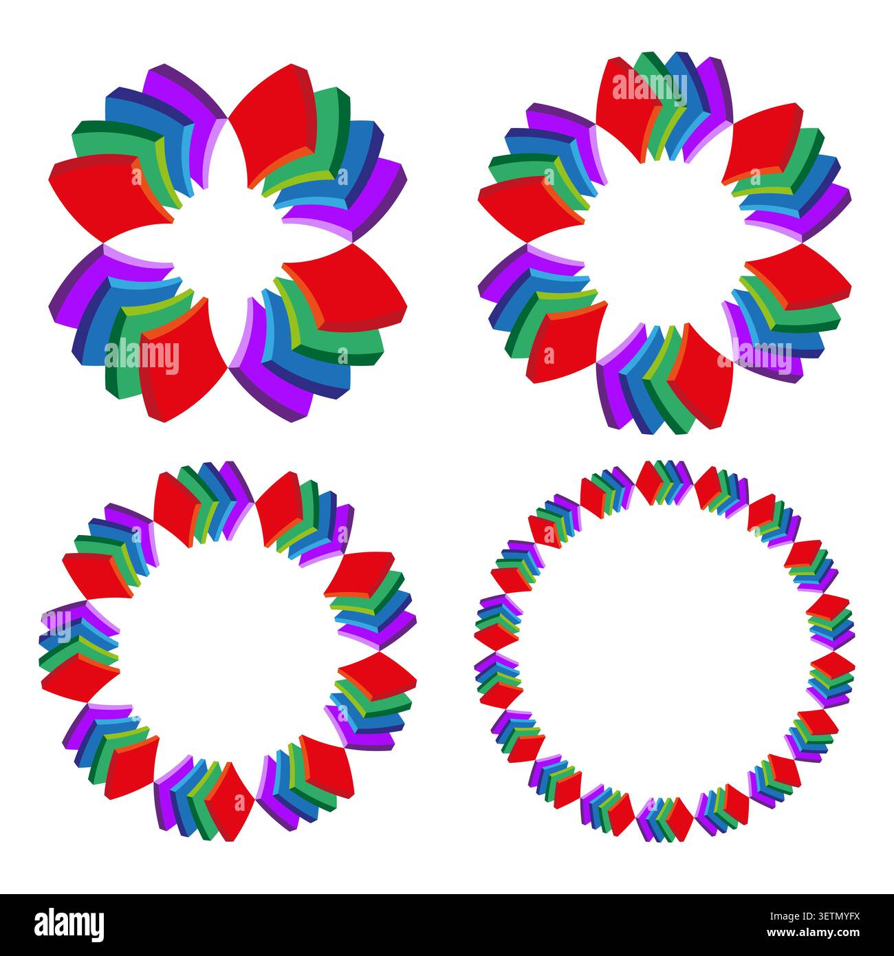 Geometric wreath forms pack features colorful vector circular star shapes. Vibrant collection enhances modern layout. eps 10 Stock Vector