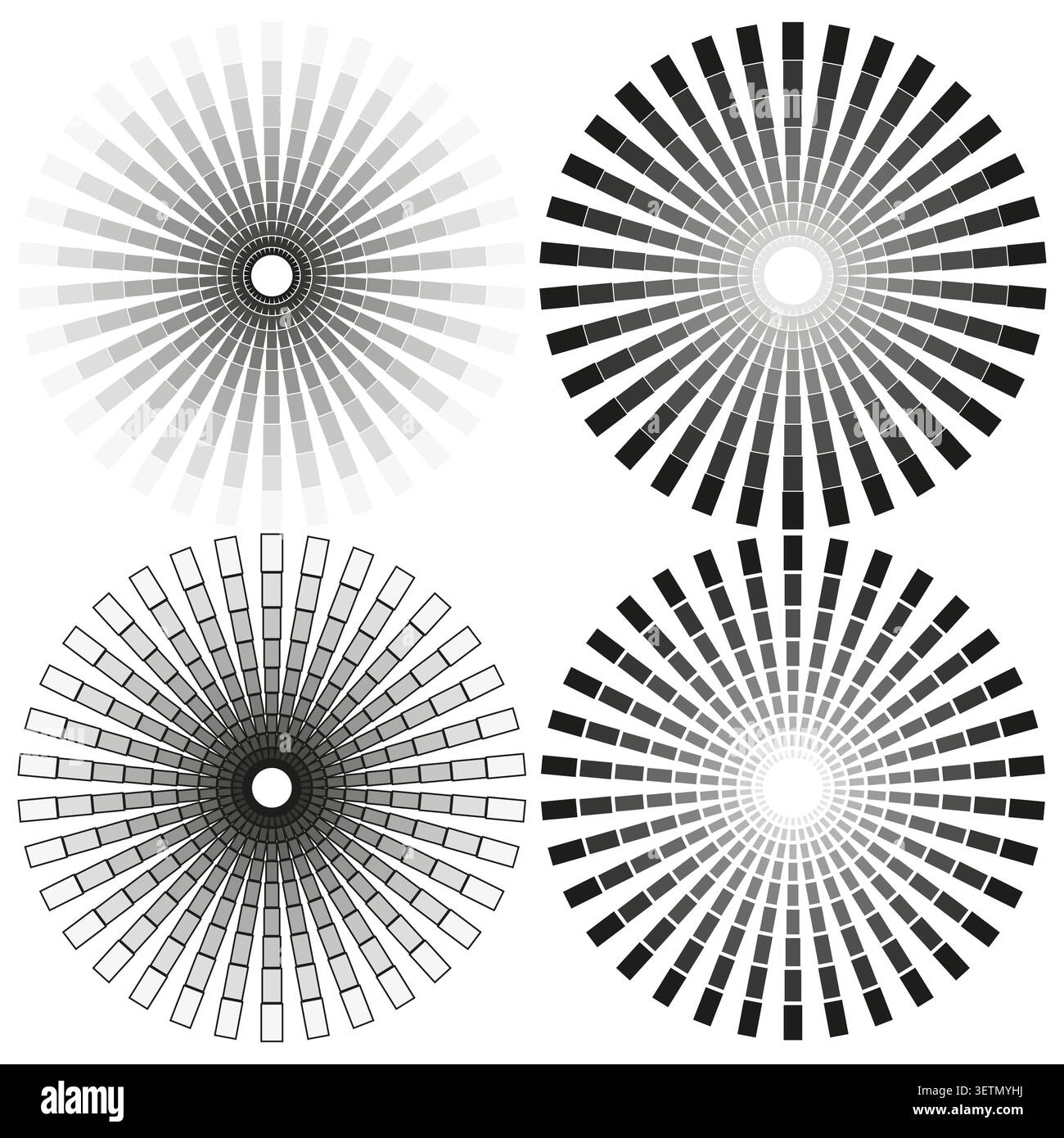 Geometric sunburst forms pack features black vector dashed radial shapes. Minimal collection visualizes abstract star. eps 10 Stock Vector