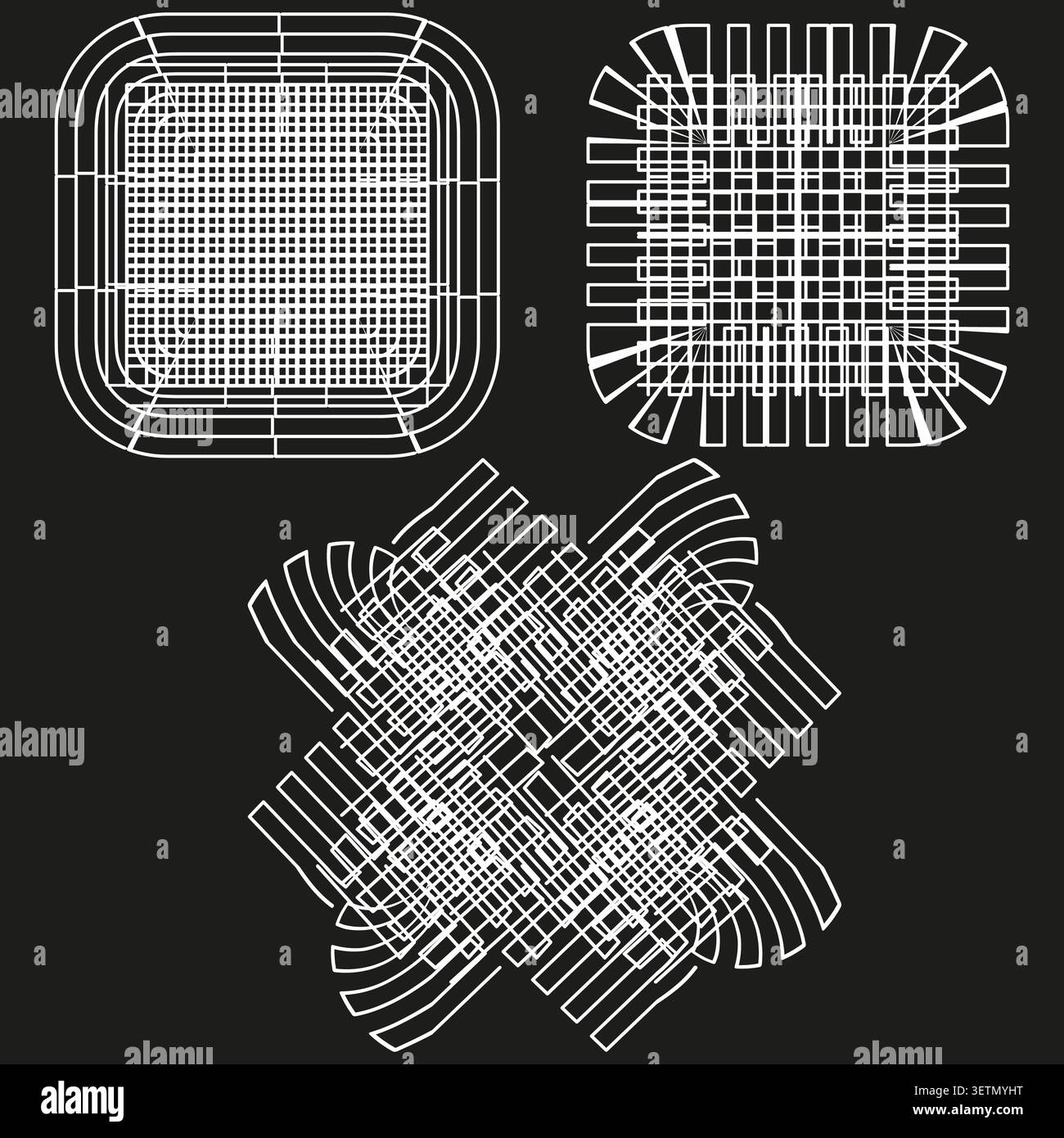 Distorted grid forms pack features white vector wireframe wave lines. Minimal collection visualizes geometric perspective. eps 10 Stock Vector