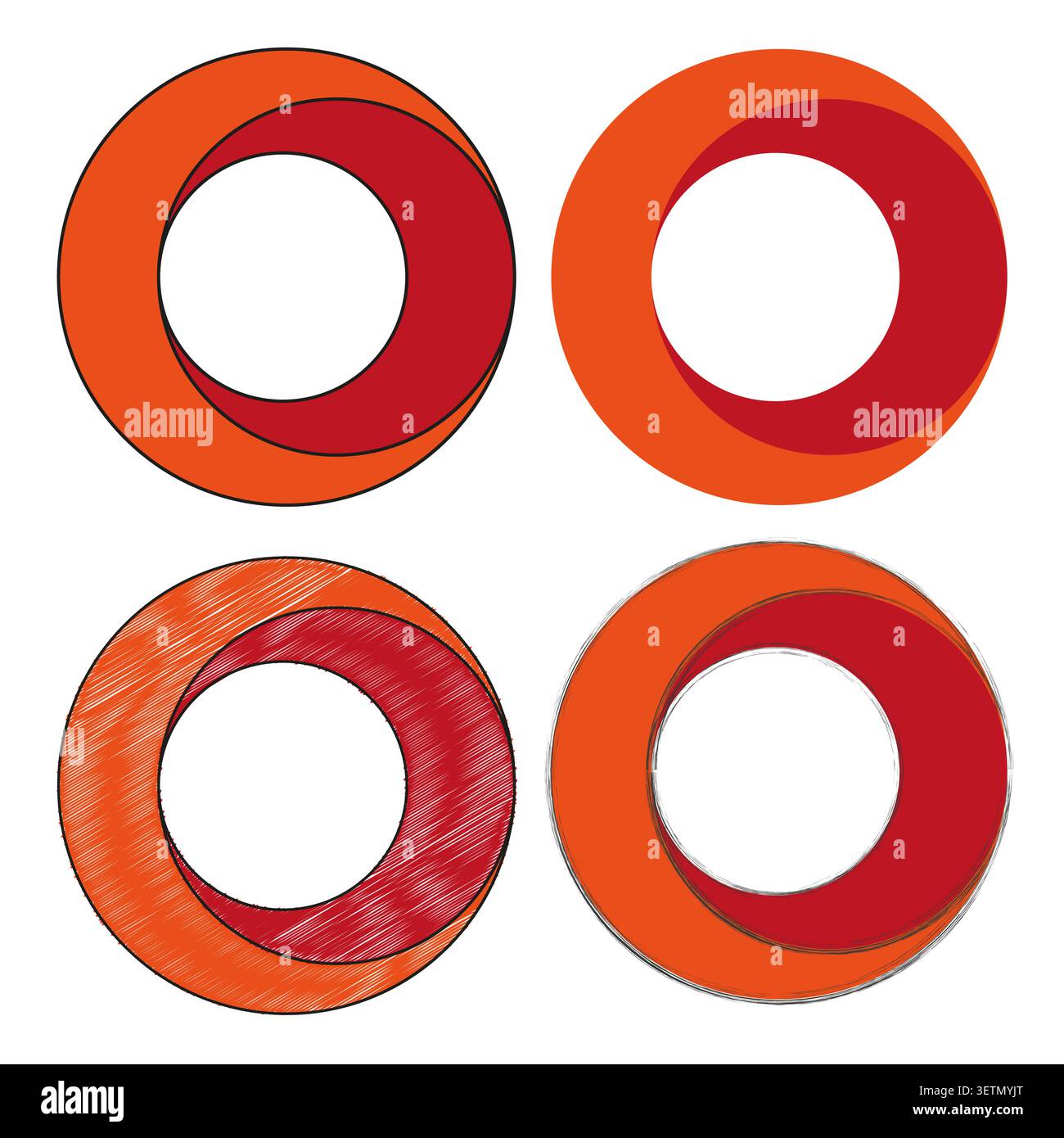 Geometric ring forms pack features red vector 3d loop shapes. Vibrant collection visualizes abstract circle. eps 10 Stock Vector
