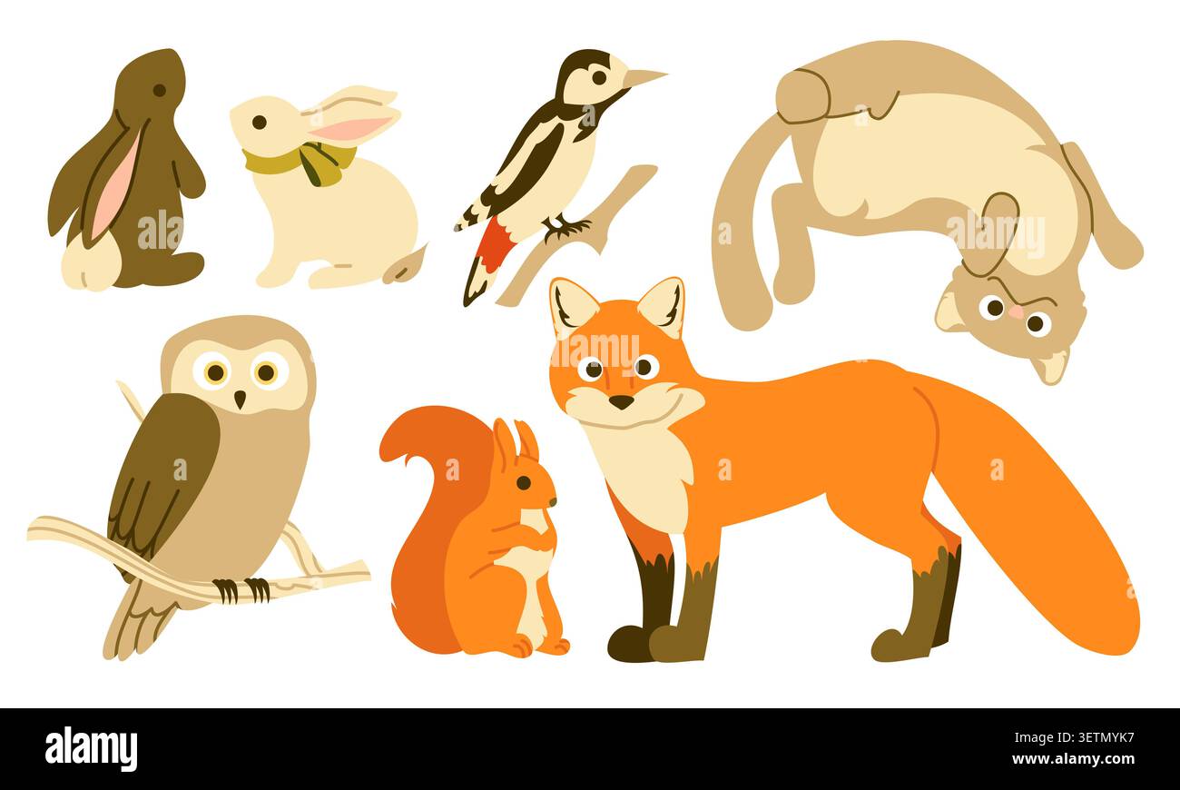 Cute Forest Animals and Birds Vector Set Stock Vector