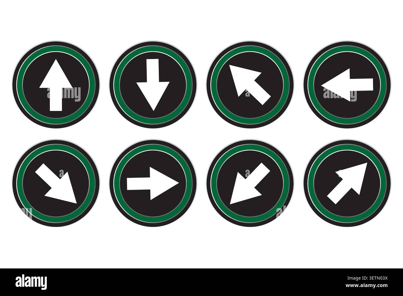 Circle arrow button set features green vector icons. It complements web navigation and interface directional systems. eps 10 Stock Vector
