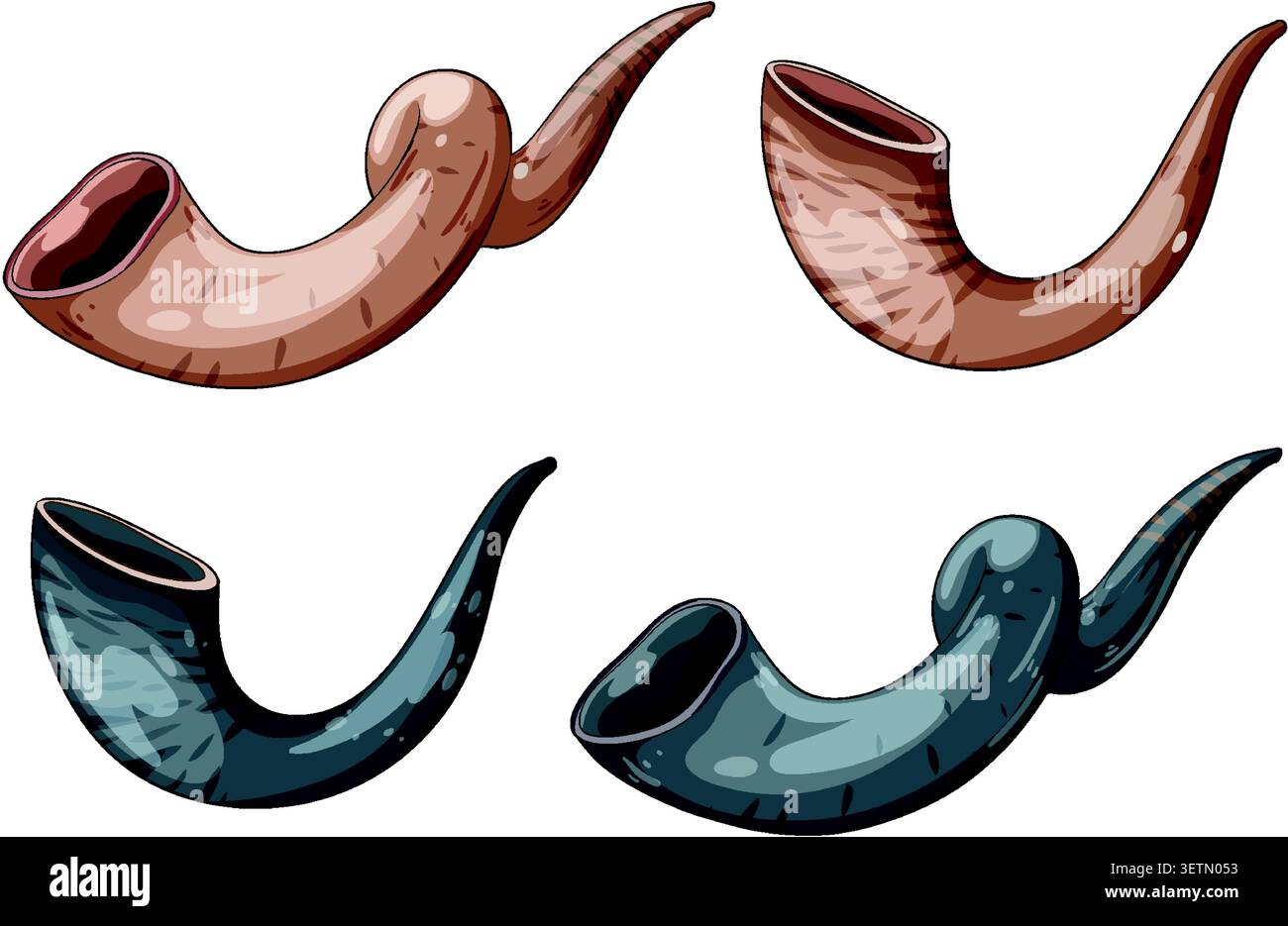 Four detailed shofar horn illustrations, natural colors, isolated on white, cartoon vector style Stock Vector