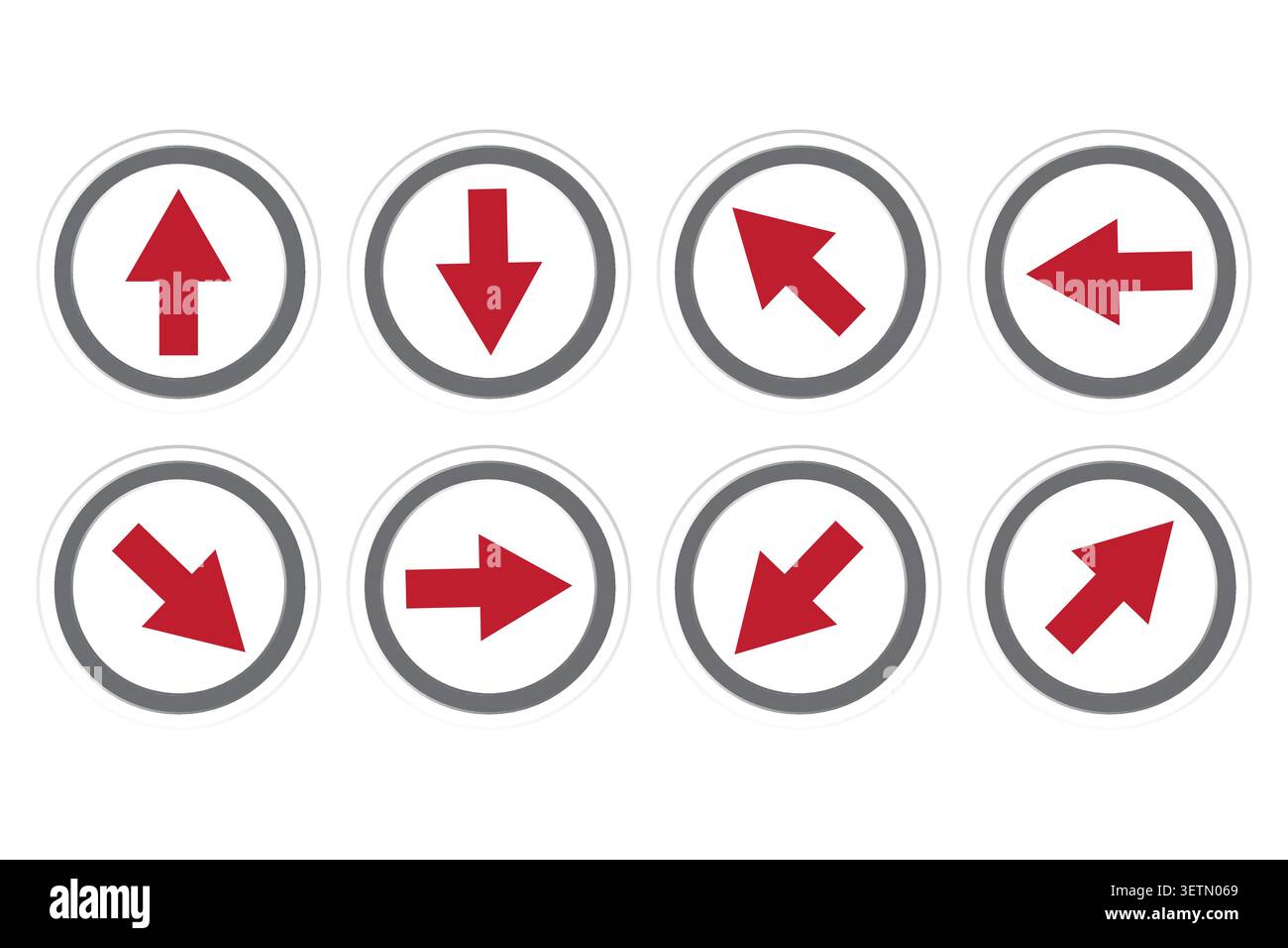 Circle arrow button set features red vector icons. It complements web navigation and interface directional systems. eps 10 Stock Vector