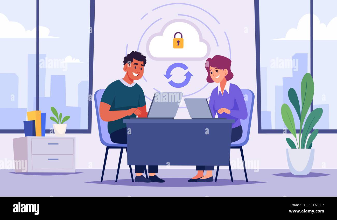Cloud Backup. Vector background showing people working with cloud services security systems and data transfer tools exact illustration Stock Vector