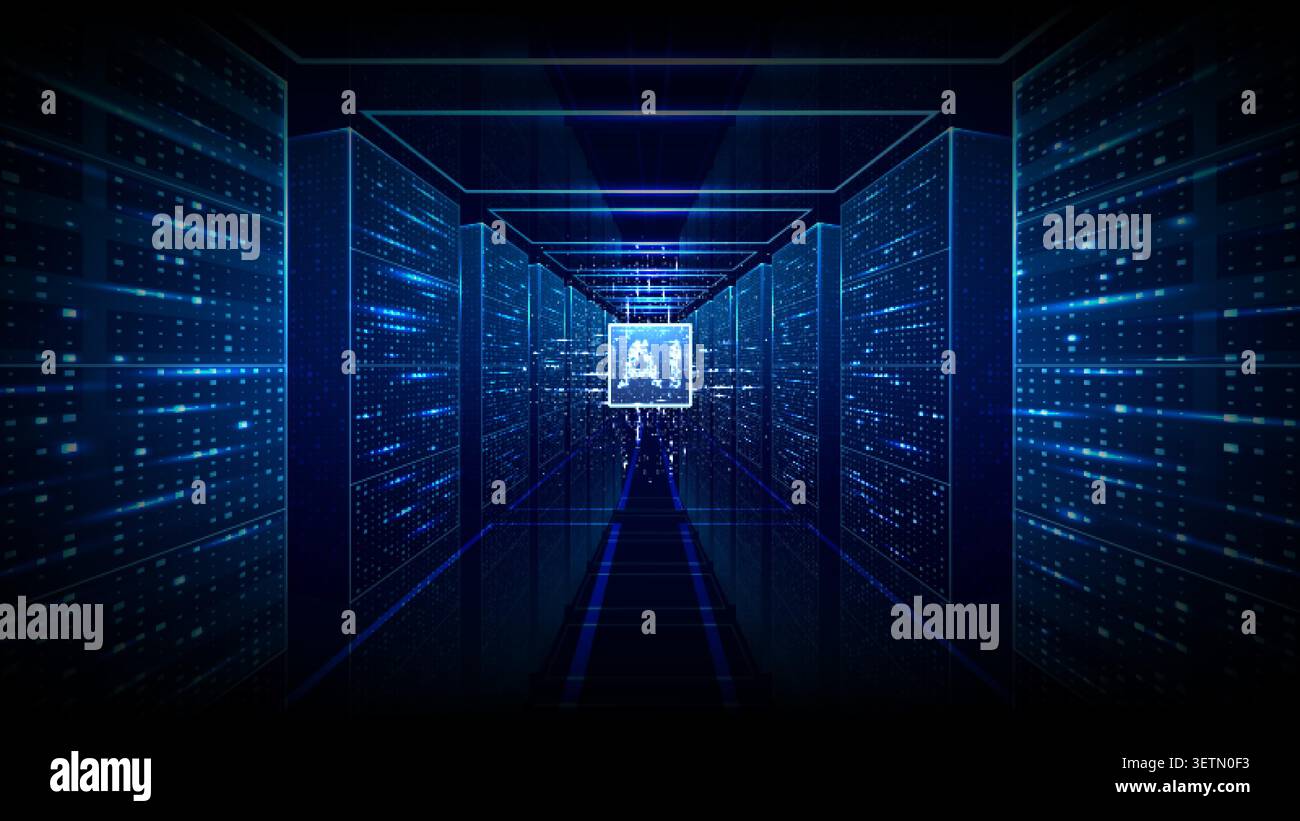 Futuristic AI Chip Inside Data Center Server Corridor Stock Vector