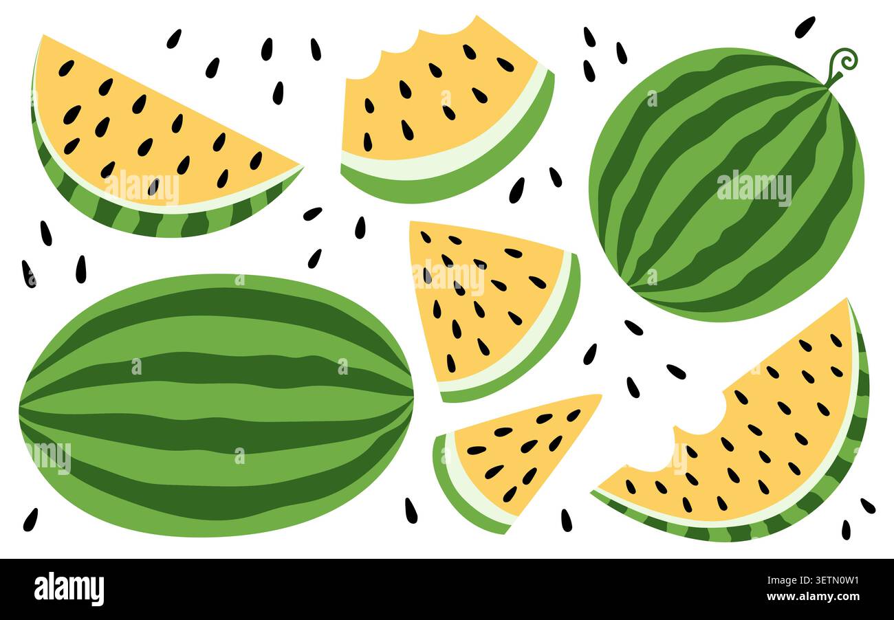 Ripe yellow watermelon set Stock Vector