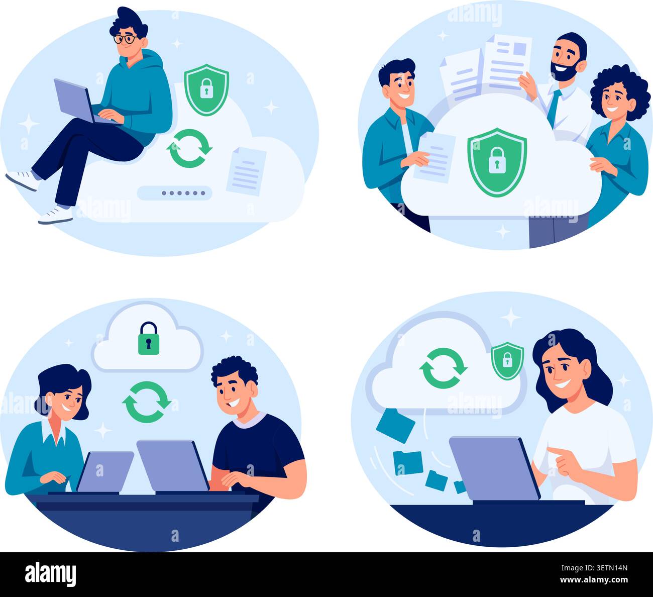 Cloud Security. Vector illustrations of secure cloud storage data sync and protected online access with users and devices exact concept Stock Vector