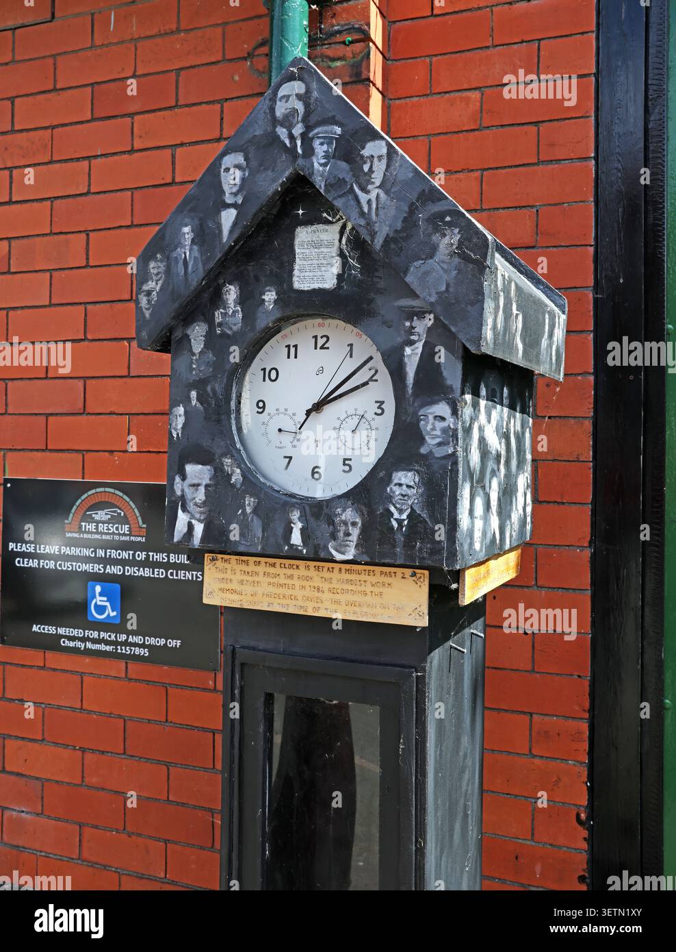 Mining-themed memorial clock at the Wrexham Miners Project in Wrexham, Wales, UK. Stock Photo