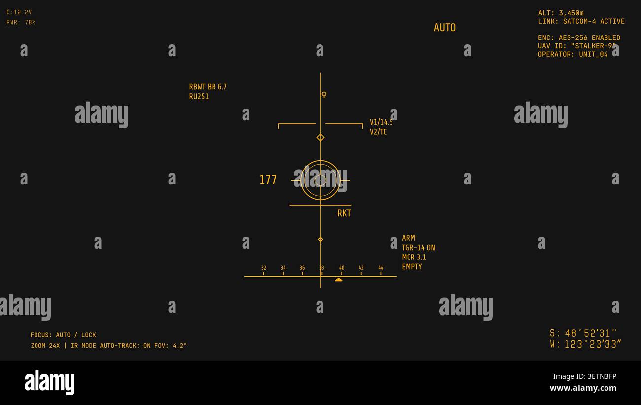 War drone video camera amber realistic overlay Stock Vector
