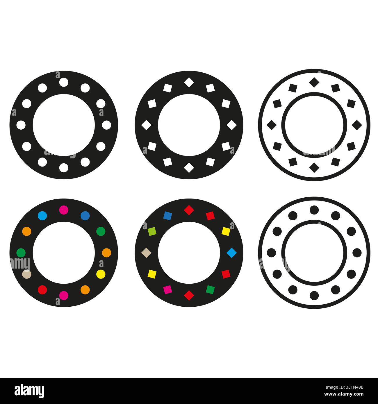 Circular dotted ring forms pack features colorful vector polka border frames. Minimal collection enhances label design. eps 10 Stock Vector