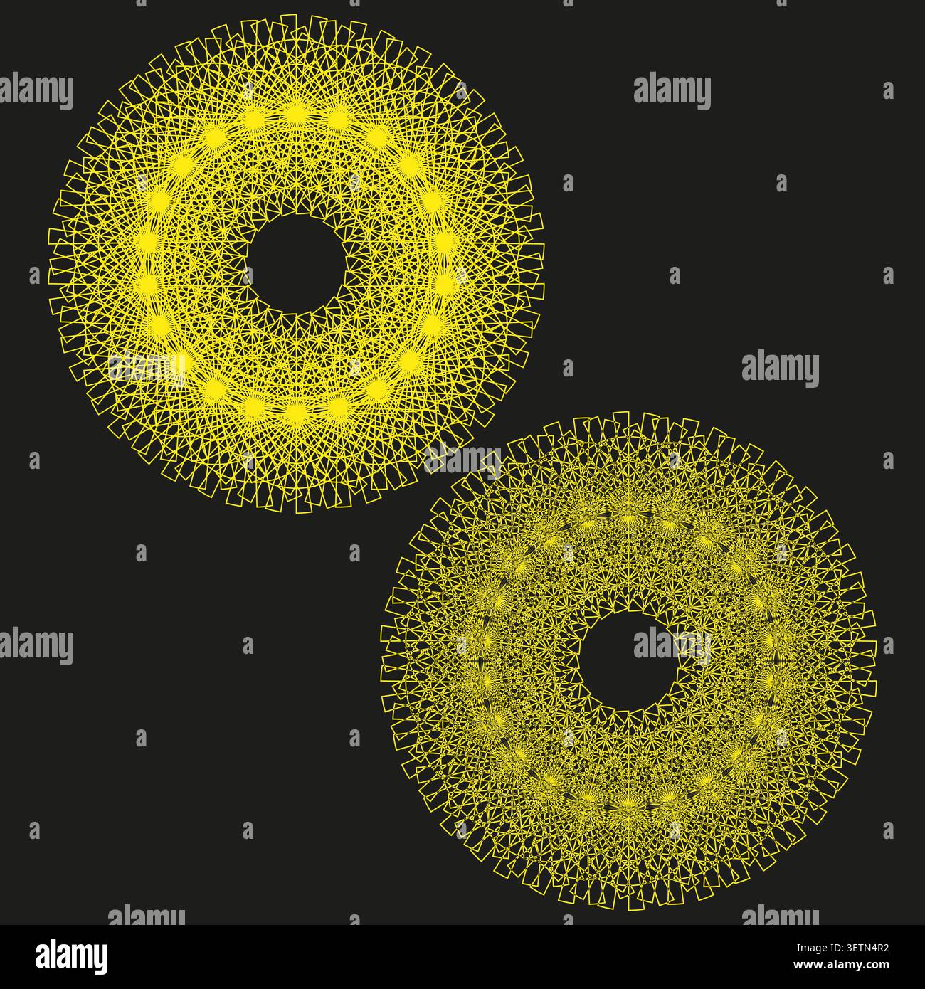 Geometric circular forms pack features yellow vector wireframe mandala shapes. Vibrant collection visualizes ring. eps 10 Stock Vector