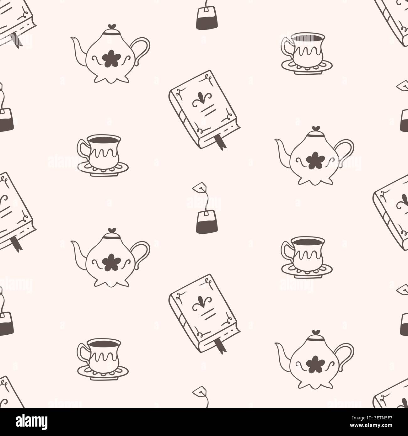 Retro tea vector seamless pattern with teapot, cup Stock Vector