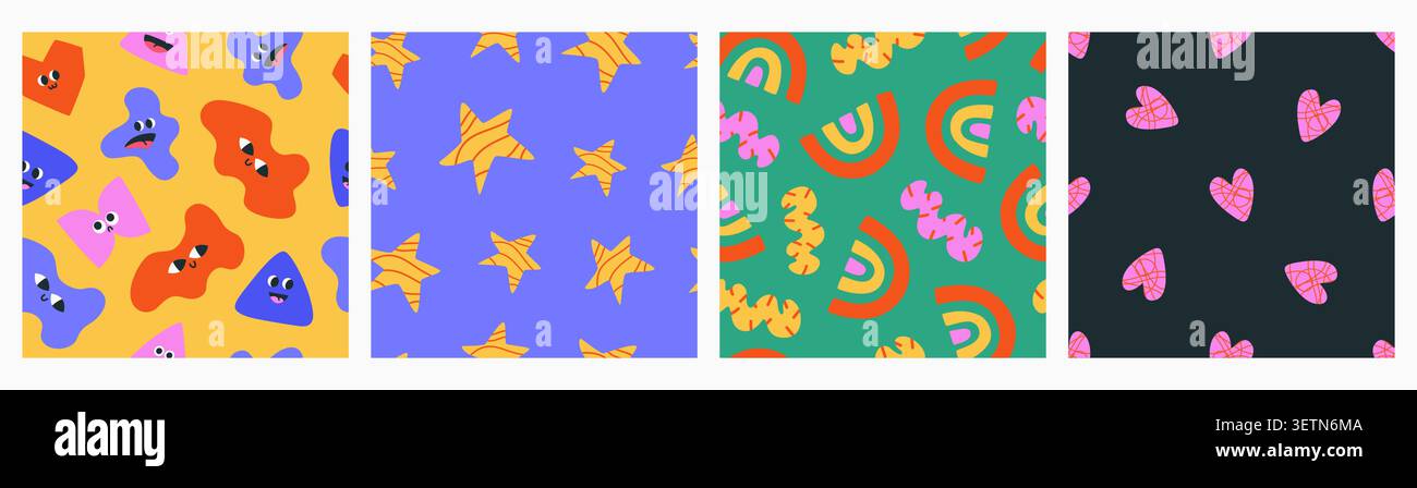 Funky Seamless Patterns with doodle elements. Stock Vector