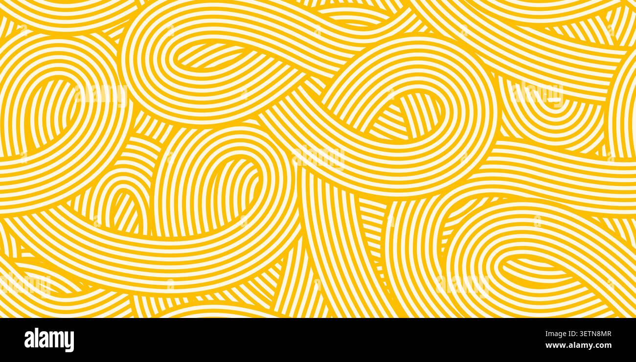 Asian ramen noodles seamless pattern, Italian pasta spaghetti background. Yellow tile texture for textile or wallpaper, featuring wavy macaroni lines. Appetizing food ornament, soba noodle waves motif Stock Vector