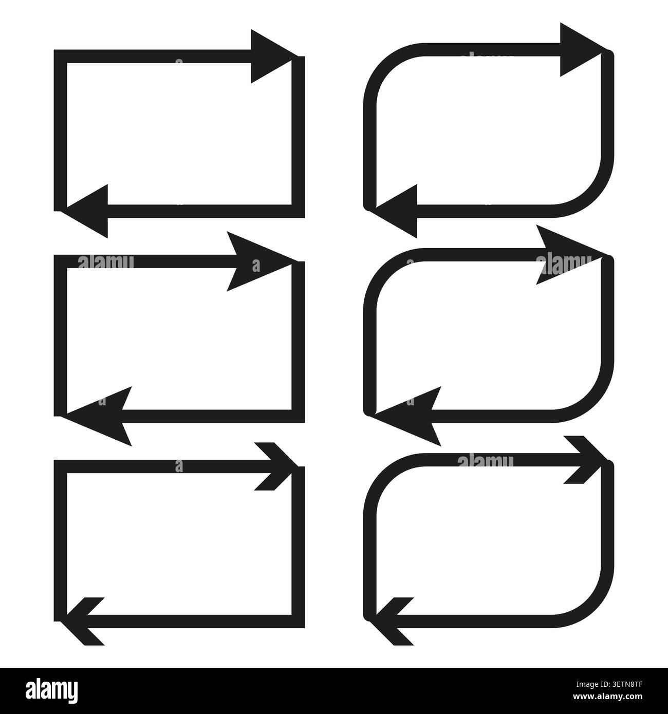 A clear Vector set of outline cyclic arrow icons, featuring both sharp and rounded rectangular frames for refresh and repeat processes. EPS 10. Stock Vector