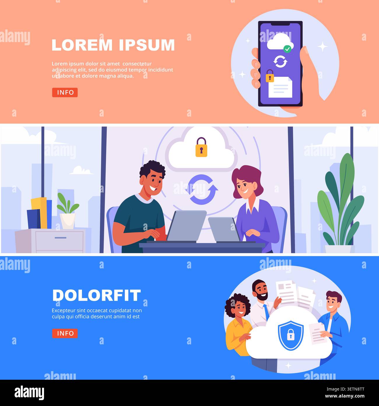Cloud collaboration. Vector banner shows coworkers using laptops with secure cloud storage document sharing and teamwork concepts in vector style Stock Vector