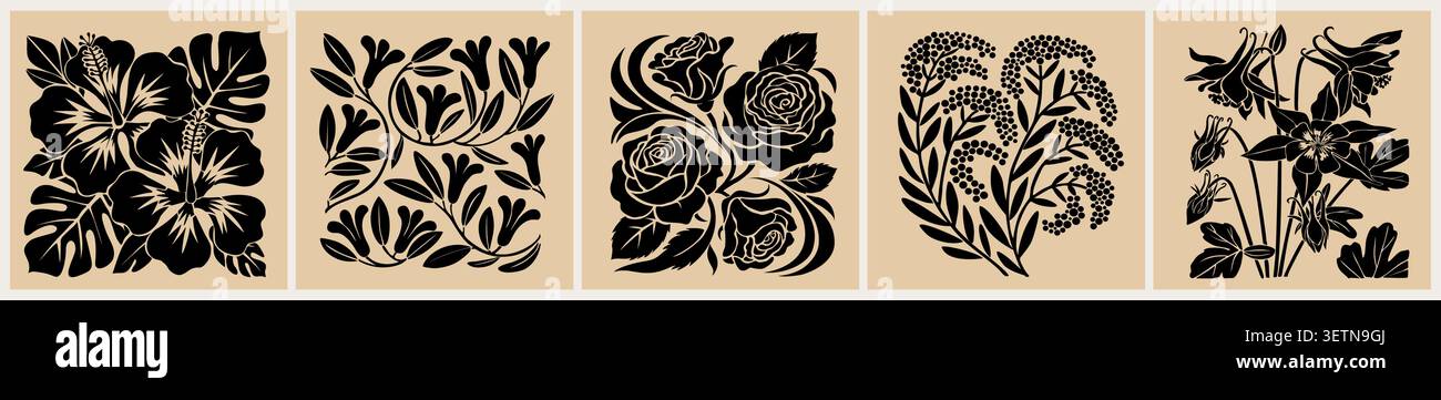Intricate floral patterns in bold black silhouette Stock Vector