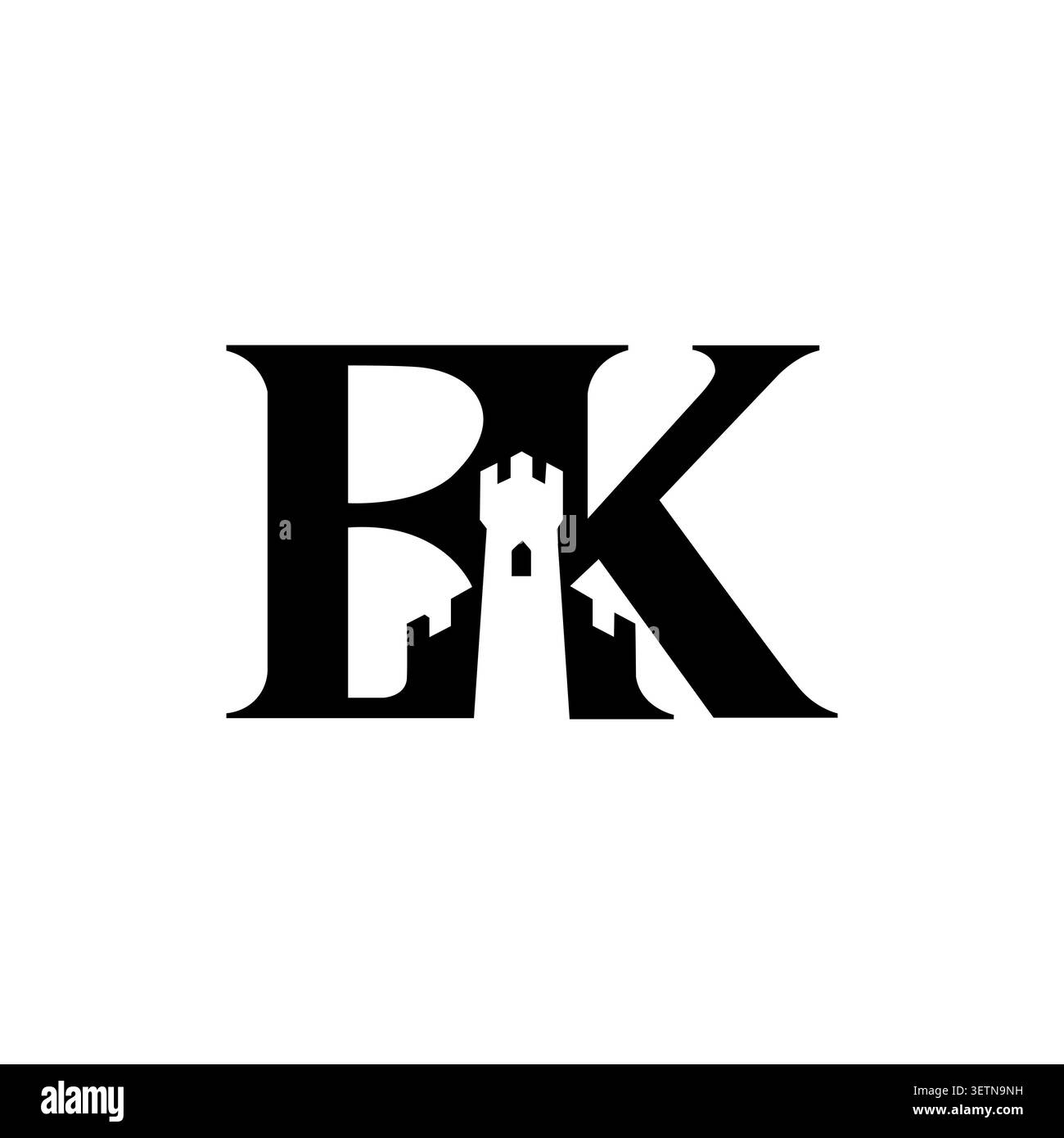 BK Monogram Logo with Castle Tower Negative Space Elegant Lettermark Design Stock Vector