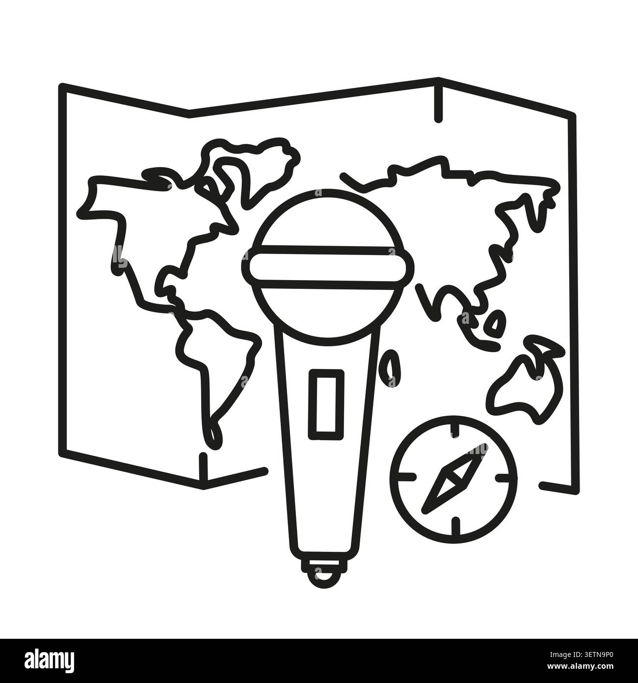 Microphone world map compass vector icon features global reporting journalist travel broadcasting design eps 10 Stock Vector