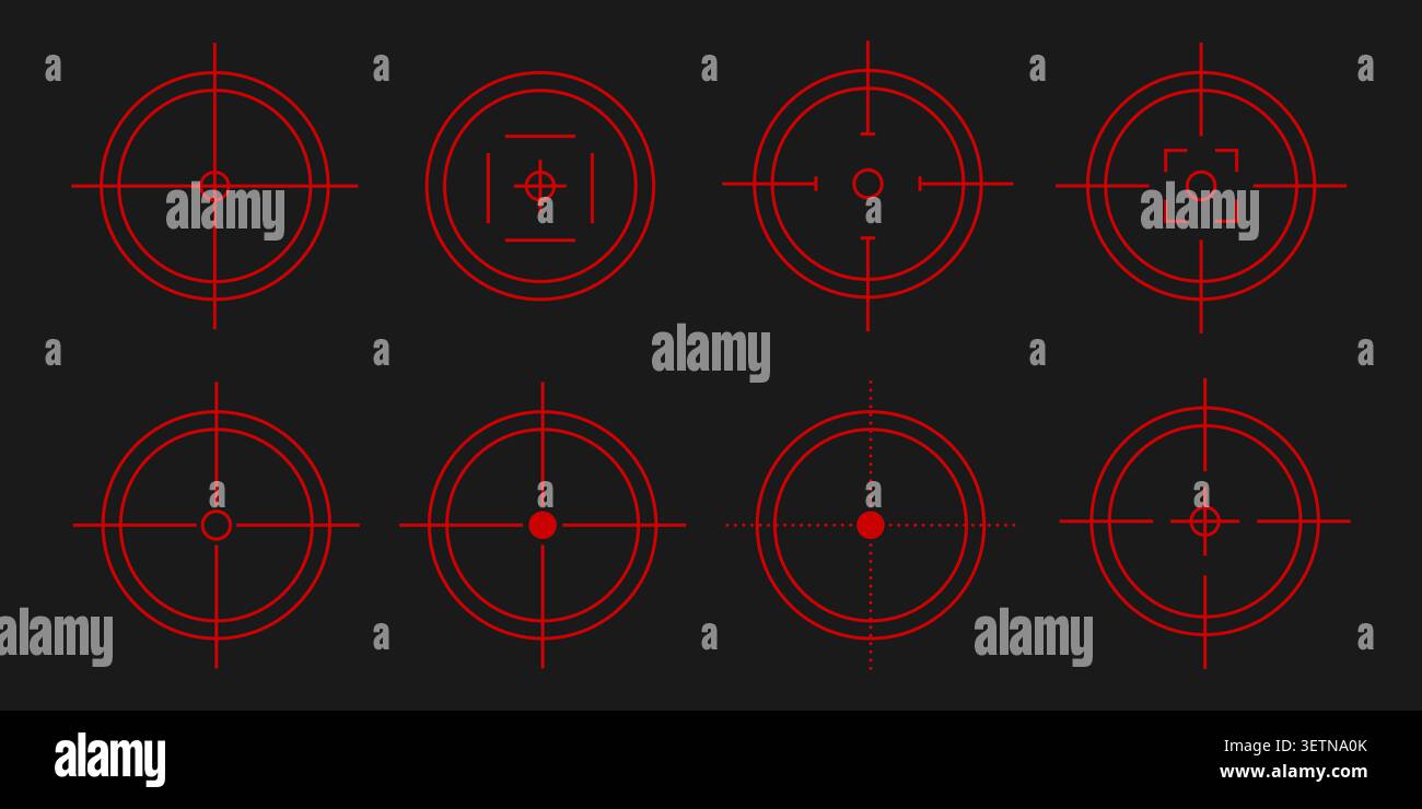 Red vector targeting reticles with crosshair design. Military aim symbols for sniper scopes, shooting games, combat HUD overlays, tactical navigation Stock Vector