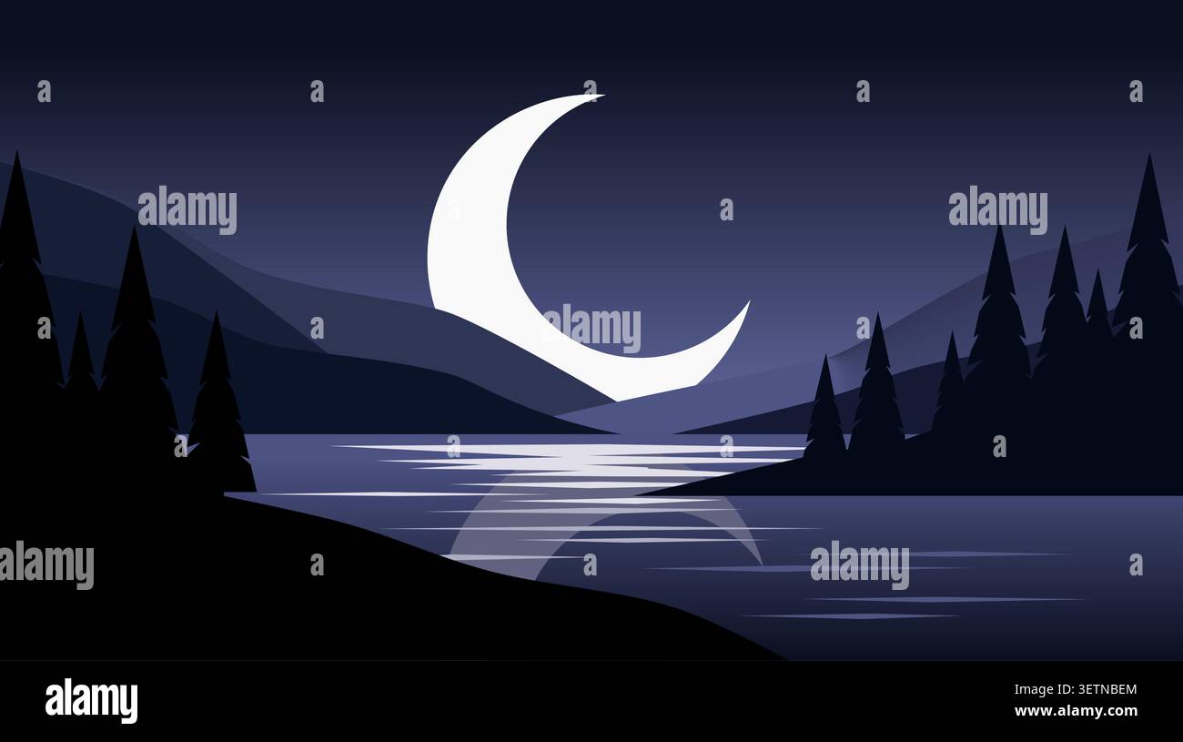 Minimalist flat vector illustration of a serene night landscape featuring a large crescent moon, mountain silhouettes, pine tree forest, and calm lake Stock Vector