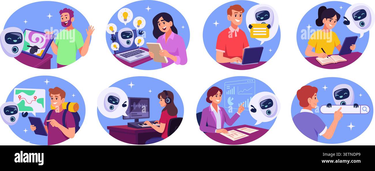 Artificial Intelligence. Vector AI scenes with robots messages mobile apps and human chatbot communication tools exact collection Stock Vector