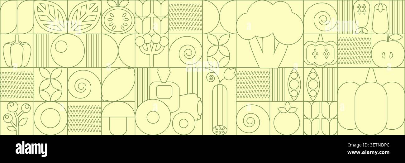 Bauhaus vegetable and fruit abstract. Autumn Vegetable and Fruit seamless pattern. Natural flower plant with simple shape, abstract eco farming concept. Vector minimal banner Stock Vector